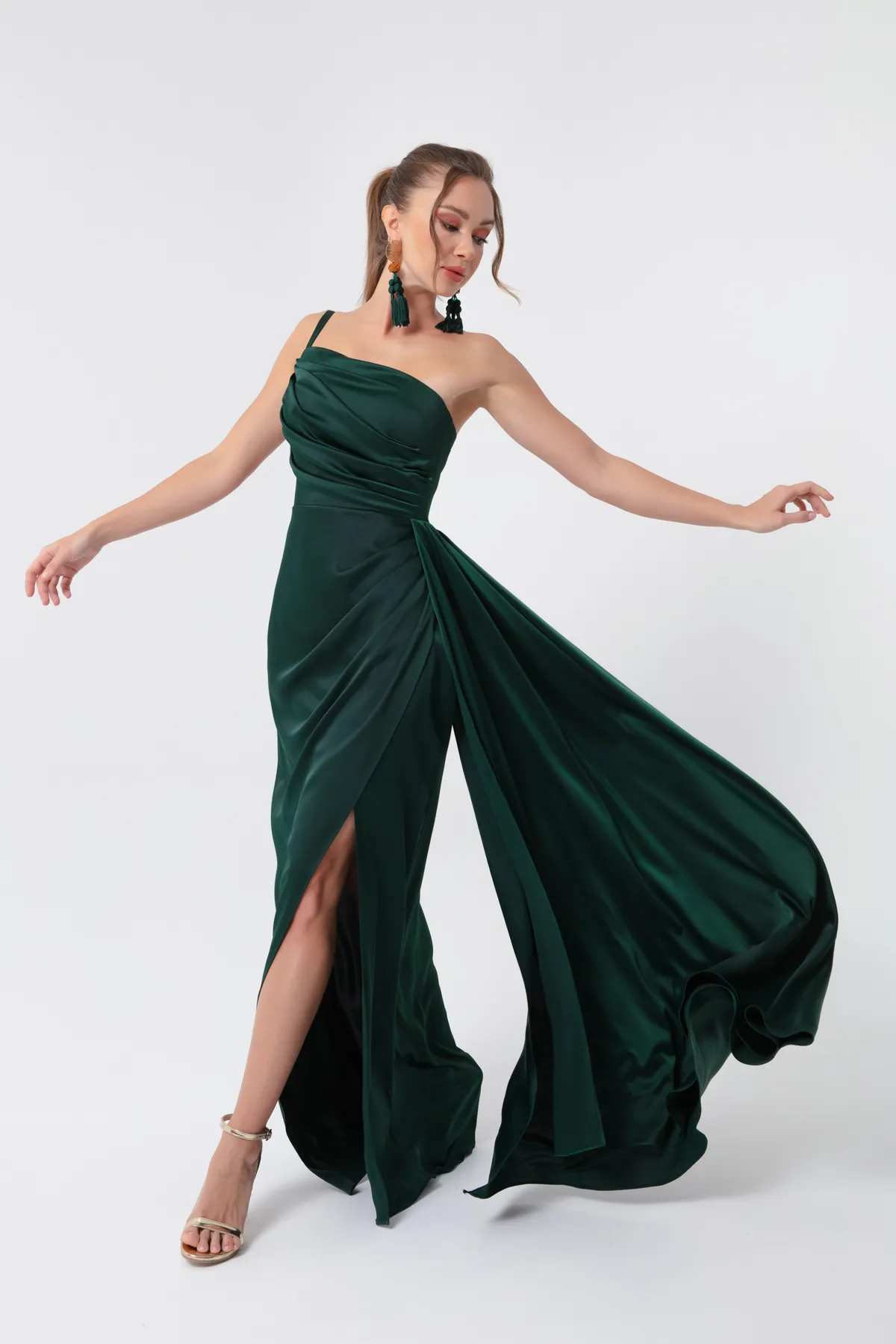 Lafaba  Smaragdgrünes One-Shoulder-Satin-Abend- und Abschlusskleid für Damen