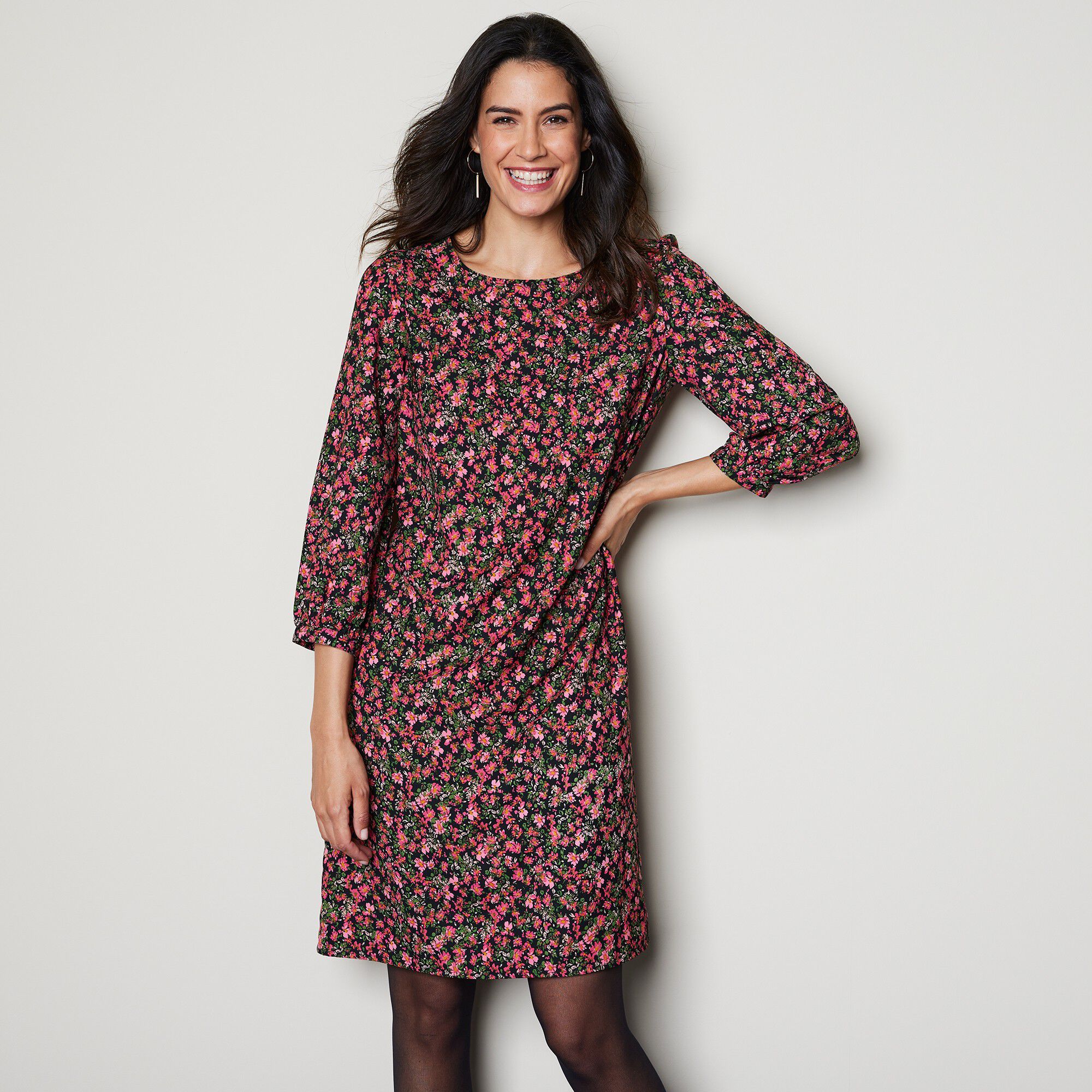 Robe droite manches 7/8ème imprimée