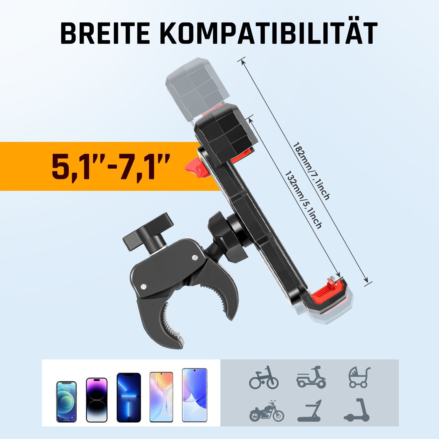 oyajia Fahrrad Handyhalterung Universal Motorrad Handy Halterung Handy-Halterung, (Für iPhone / Samsung / Huawei / XIAOMI Serie Telefon, für 5-7 Zoll Smartphone mit 360° Drehbar)