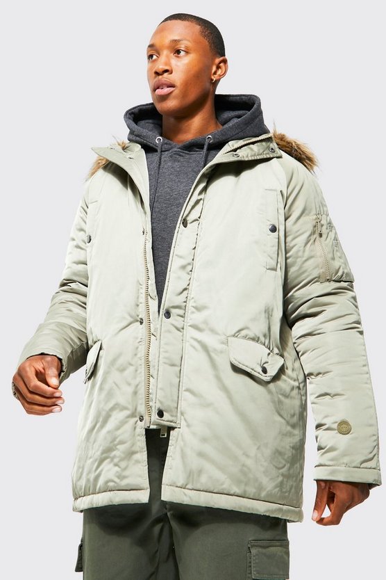 Geraffter Satin-Parka mit Kapuze mit Kunstfell-Detail