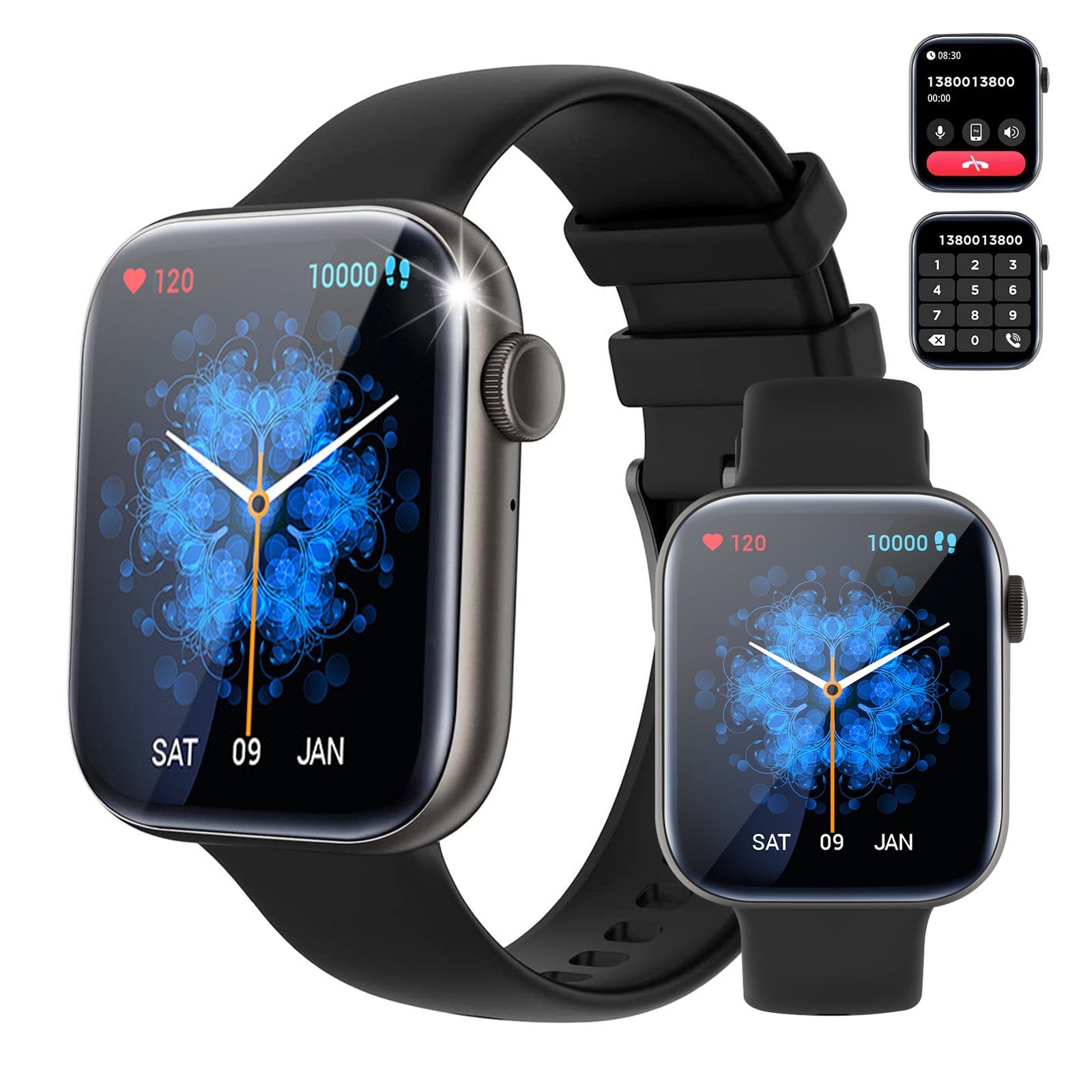 Yuede Smartwatch, Fitness Uhr mit Anruffunktion für Damen und Herren Smartwatch (9h Kratzfestes Voll Touch Display cm/1.8 Zoll) Armbanduhr mit Schrittzähler, Pulsuhr, Blutdruckmessung und Blutzuckermessung(Spo2), Ip67 Wasserdichte Sportuhr mit 120 Tr