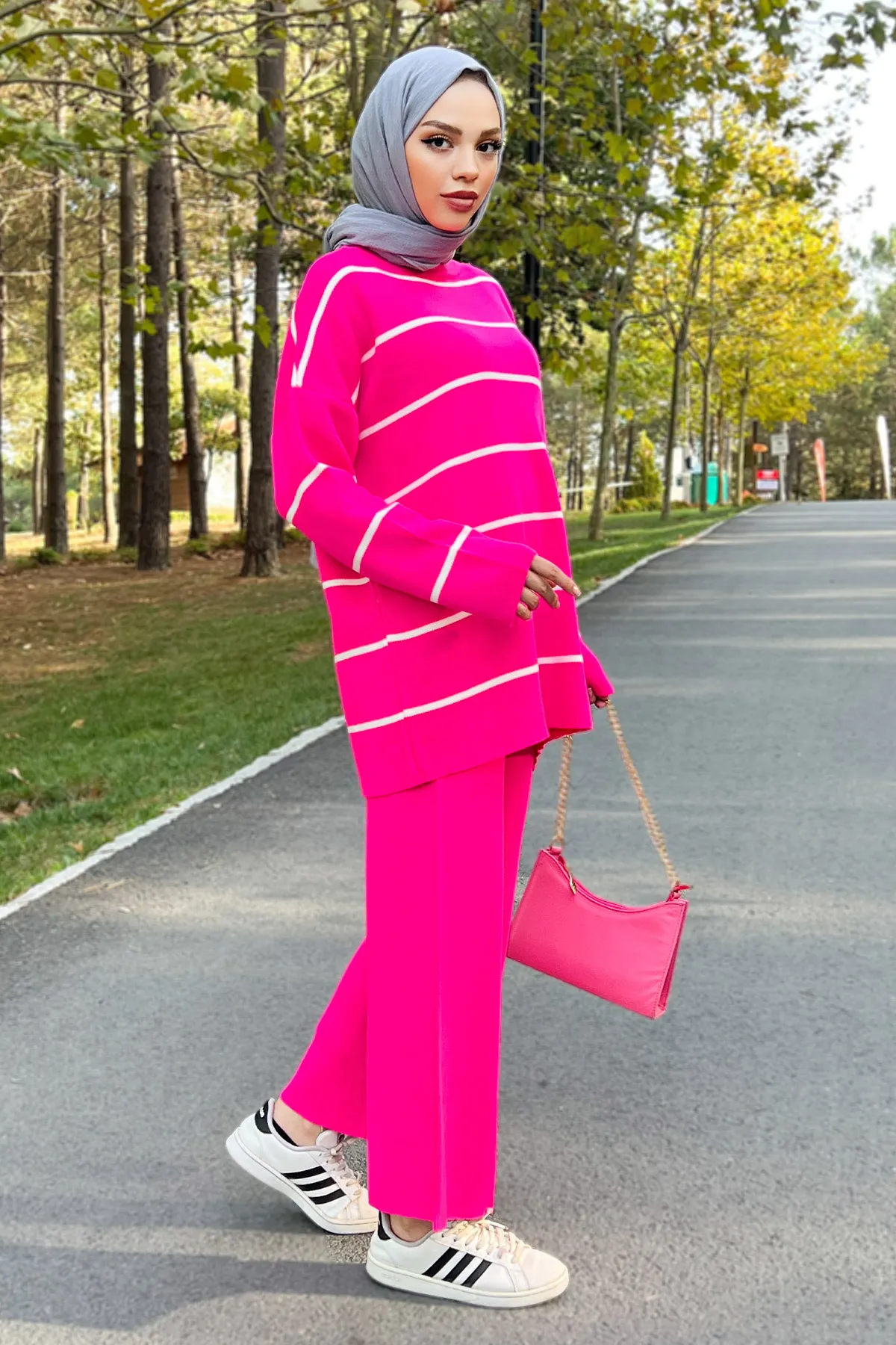 Tesettür Dünyası  Gestreifter Strickanzug Tsd220905 Fuchsia