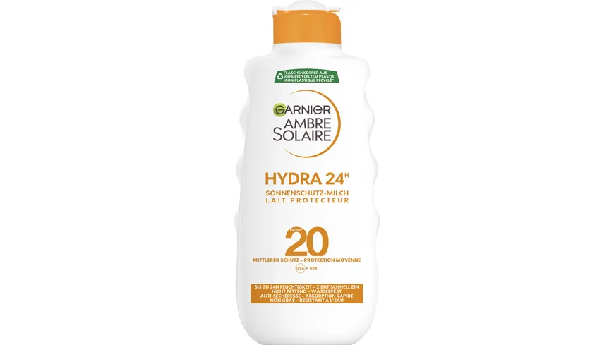 Garnier Ambre Solaire Milch LSF20- UV-Schutz - spendet Feuchtigkeit und schützt vor Sonnenbrand und Hautalterung 200 ml