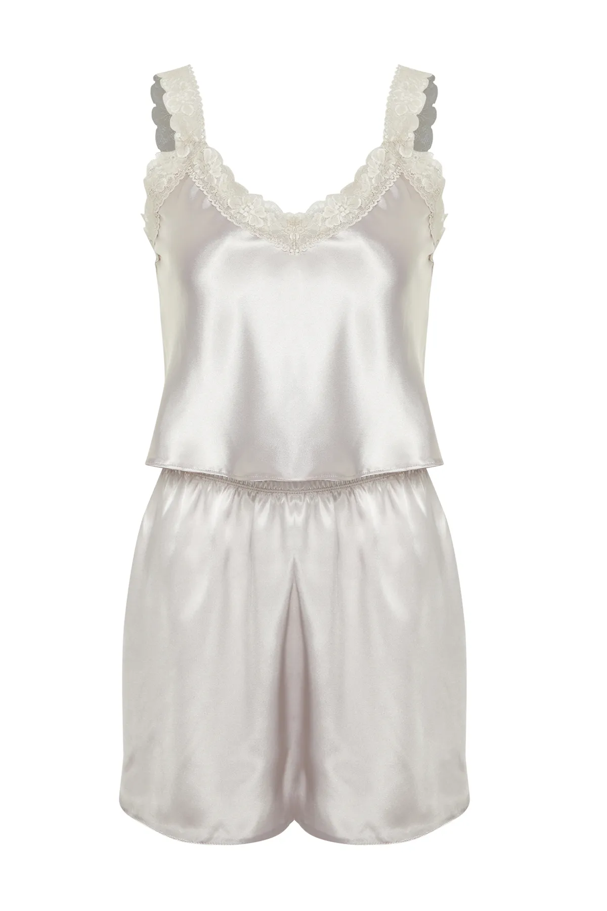 Trendyol Collection  Beigefarbenes Pyjama-Set aus gewebtem Satin mit Spitzendetails THMSS24PT00016