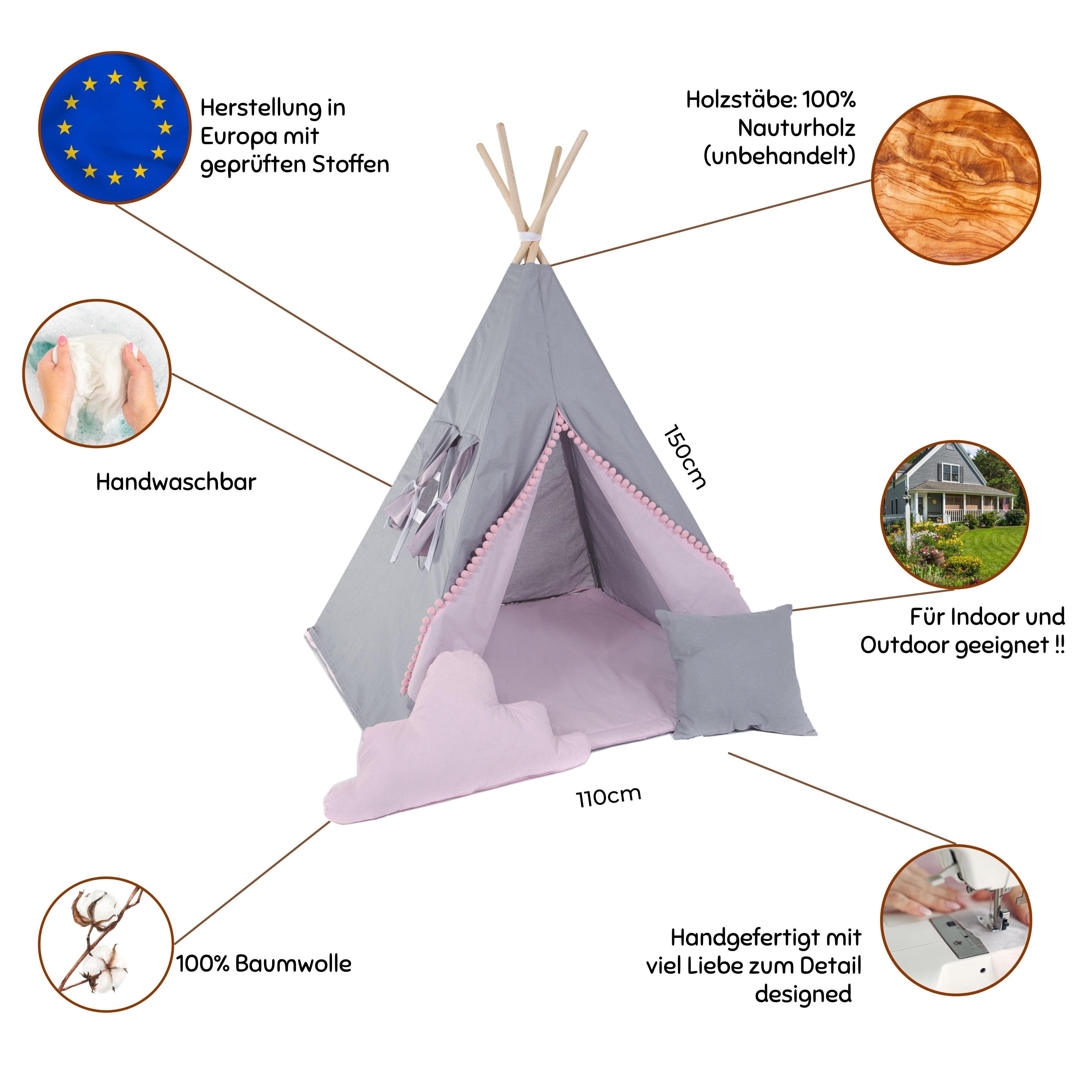 Rainbow Kids Tipi-Zelt Grauer Hase, Personen: 2 (mit kleinem Zubehör, 4 tlg., mit 2 Kissen und Matte)