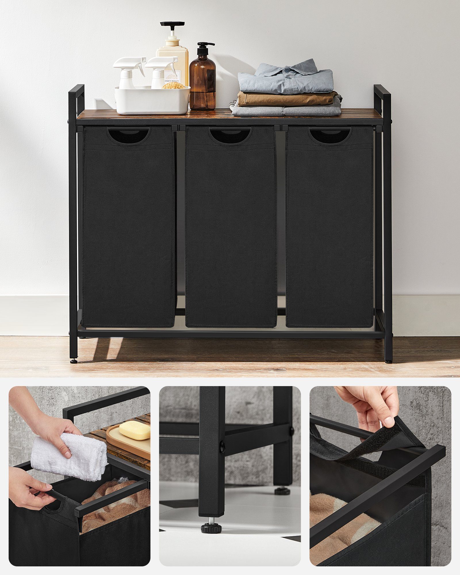 VASAGLE Wäschekorb, 3 Fächer, mit Ablage, ausziehbar und abnehmbar, 3 x 38 L