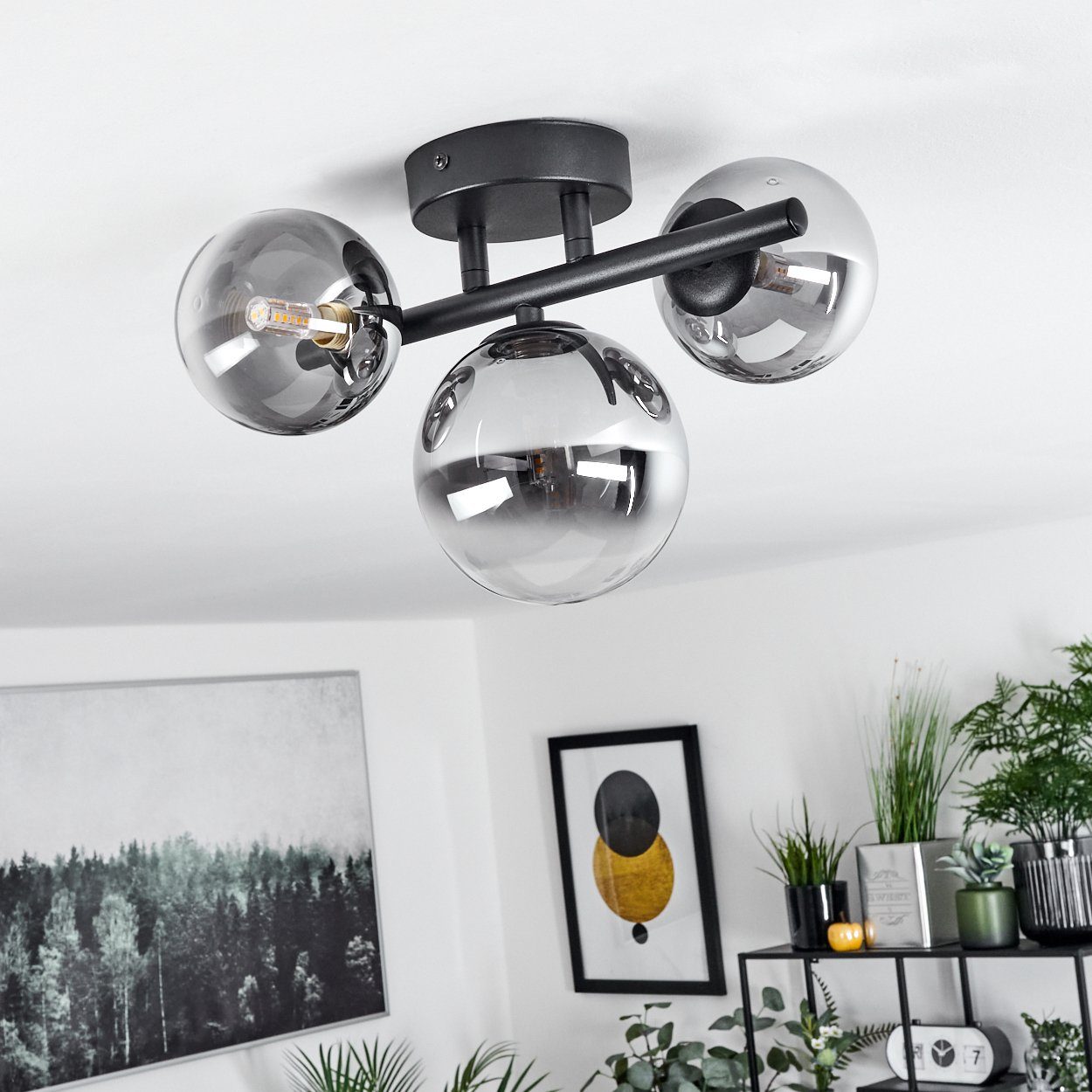 hofstein Deckenleuchte Isorella moderne Deckenlampe aus Metall/Glas in Schwarz/Rauchfarben, ohne Leuchtmittel, Leuchte im modernen Design mit Schirmen aus Rauchglas, 3xG9