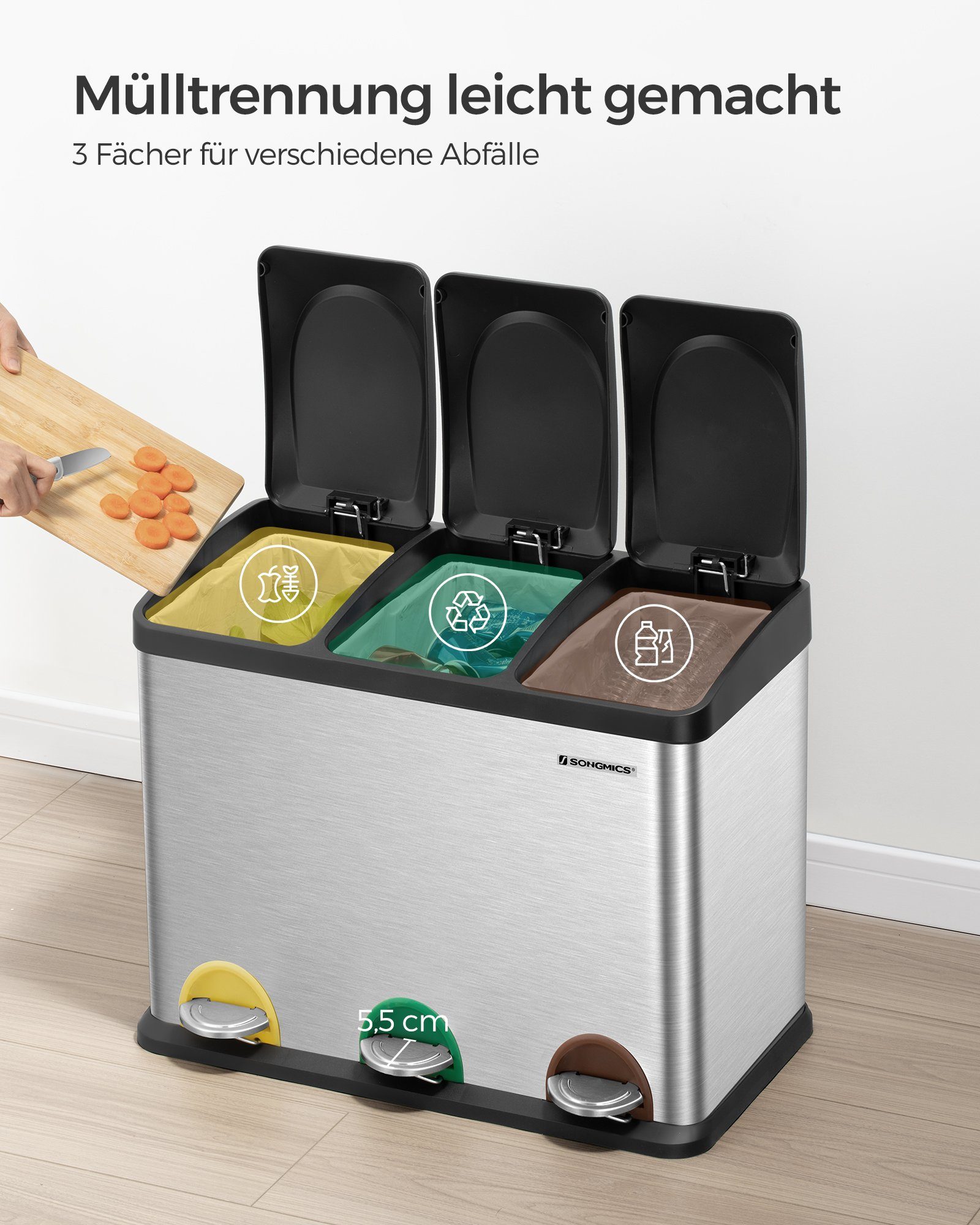 SONGMICS Mülleimer Mülltrennsystem, Abfalleimer, Edelstahl, 45 L