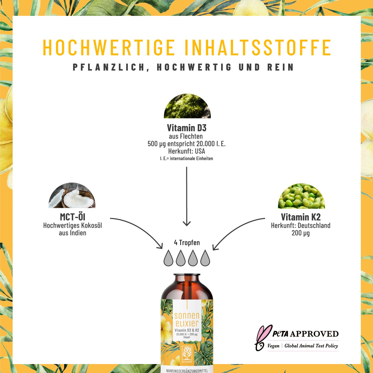 Vitamin D3 & K2 Tropfen Depot mit 20.000 I.E. - Sonnenelixier - NATURTREU®