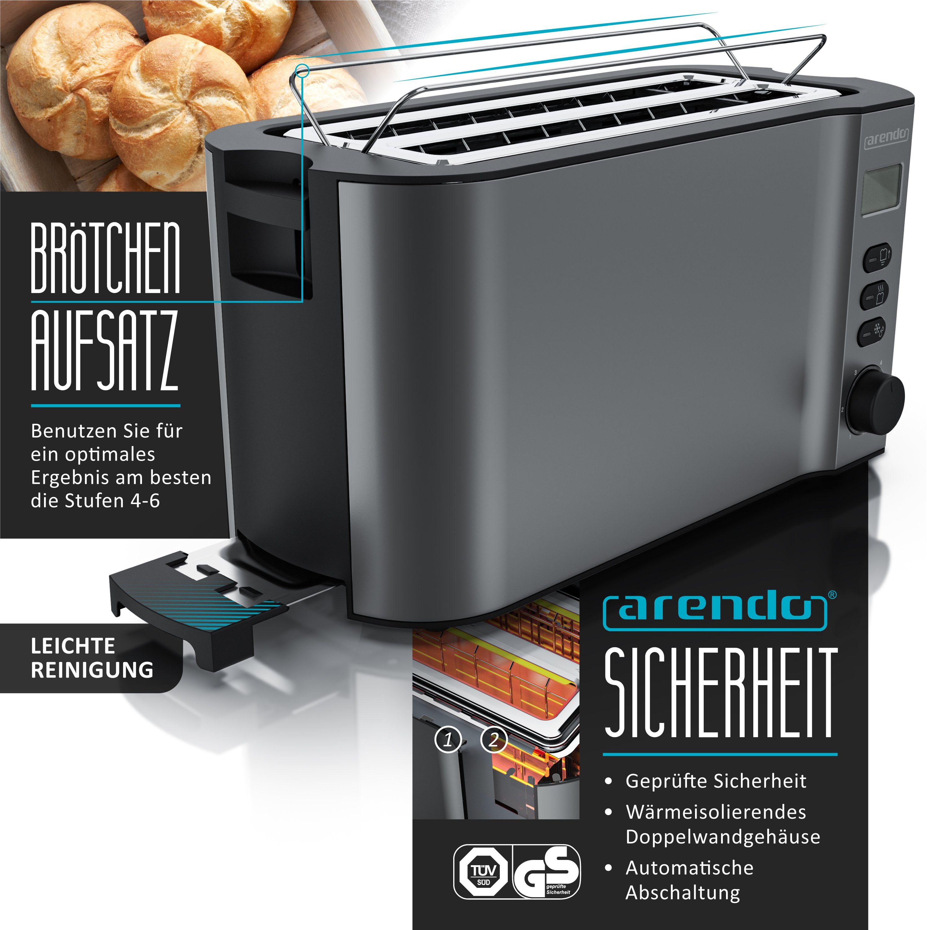 Arendo Frühstücks-Set (2-tlg), 4-Scheiben Langschlitz Toaster, 6er Eierkocher, Grau