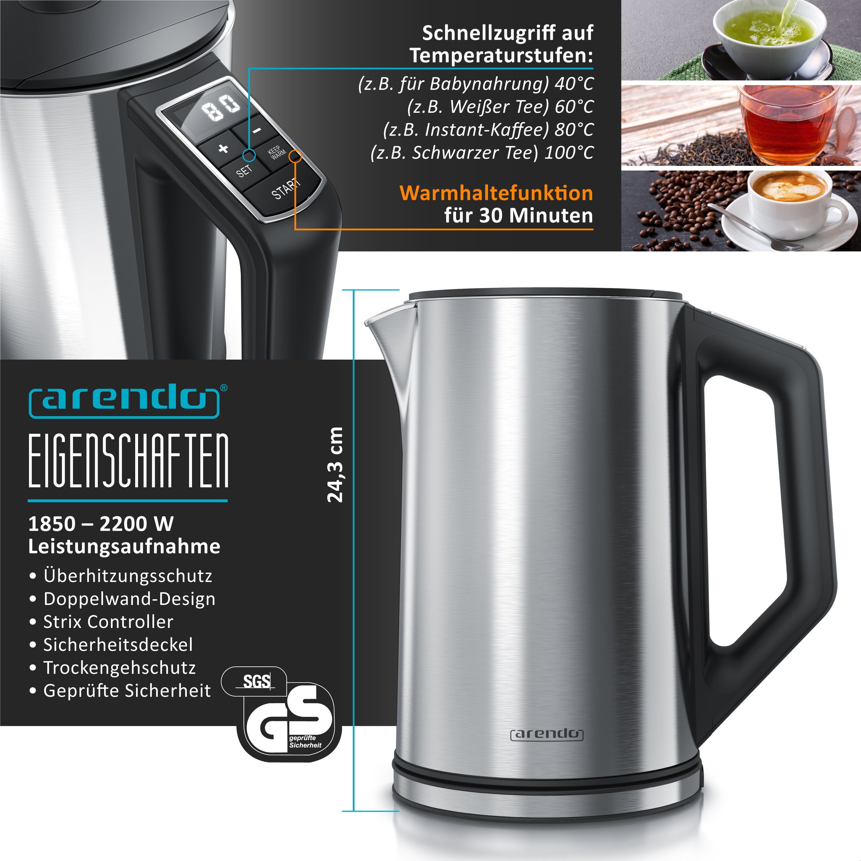 Arendo Frühstücks-Set (2-tlg), Edelstahl Wasserkocher 1,5l, 4-Scheiben Langschlitz Toaster, Edelstahl