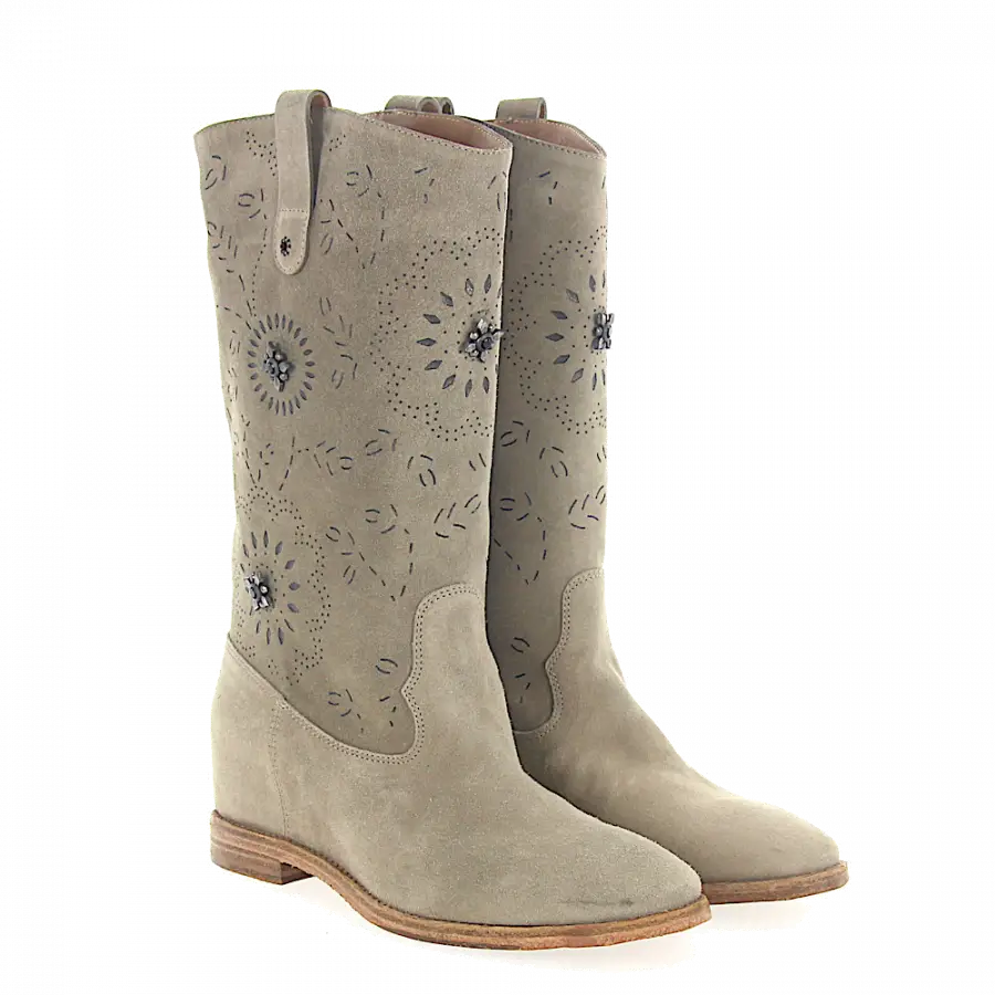 Rossano Bisconti - Stiefel Kalbsleder Veloursleder Lochmuster Metallverzierung hellgrau - grau