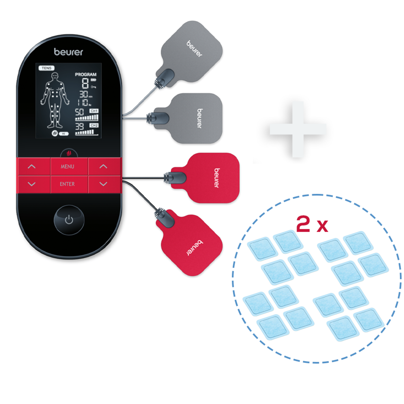 Beurer Digital TENS/EMS EM 59 mit Wärmefunktion & 2 Nachkaufsets-Zur Schmerztherapie, Muskelstimulation und Massage