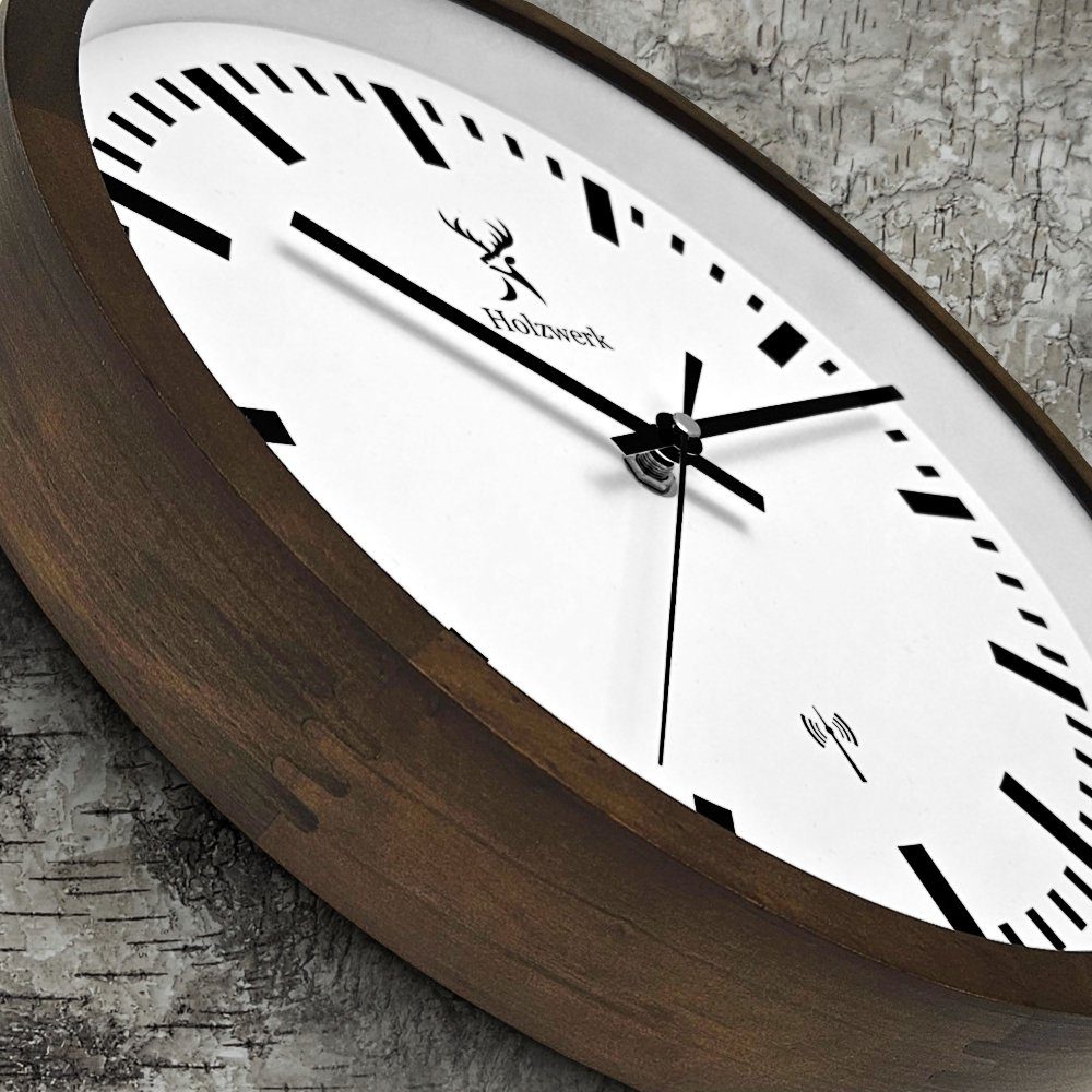 Holzwerk Funkwanduhr HOMBURG Bahnhofs Funk Holz Wand Uhr, braun, weiß (lautlos ohne Tickgeräusche, 30 cm)