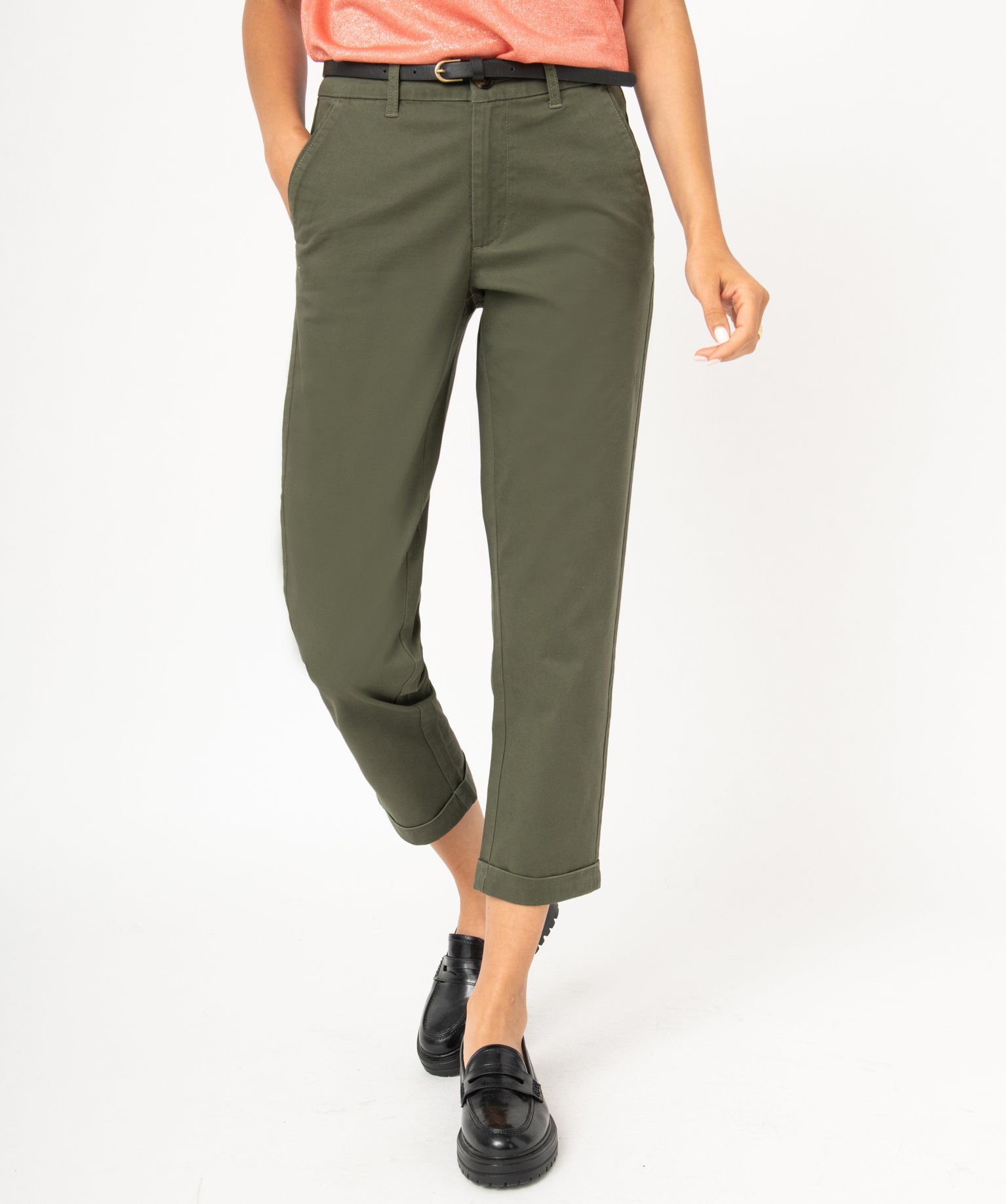 Pantalon 7/8ème en toile extensible avec ceinture femme kaki | GEMO