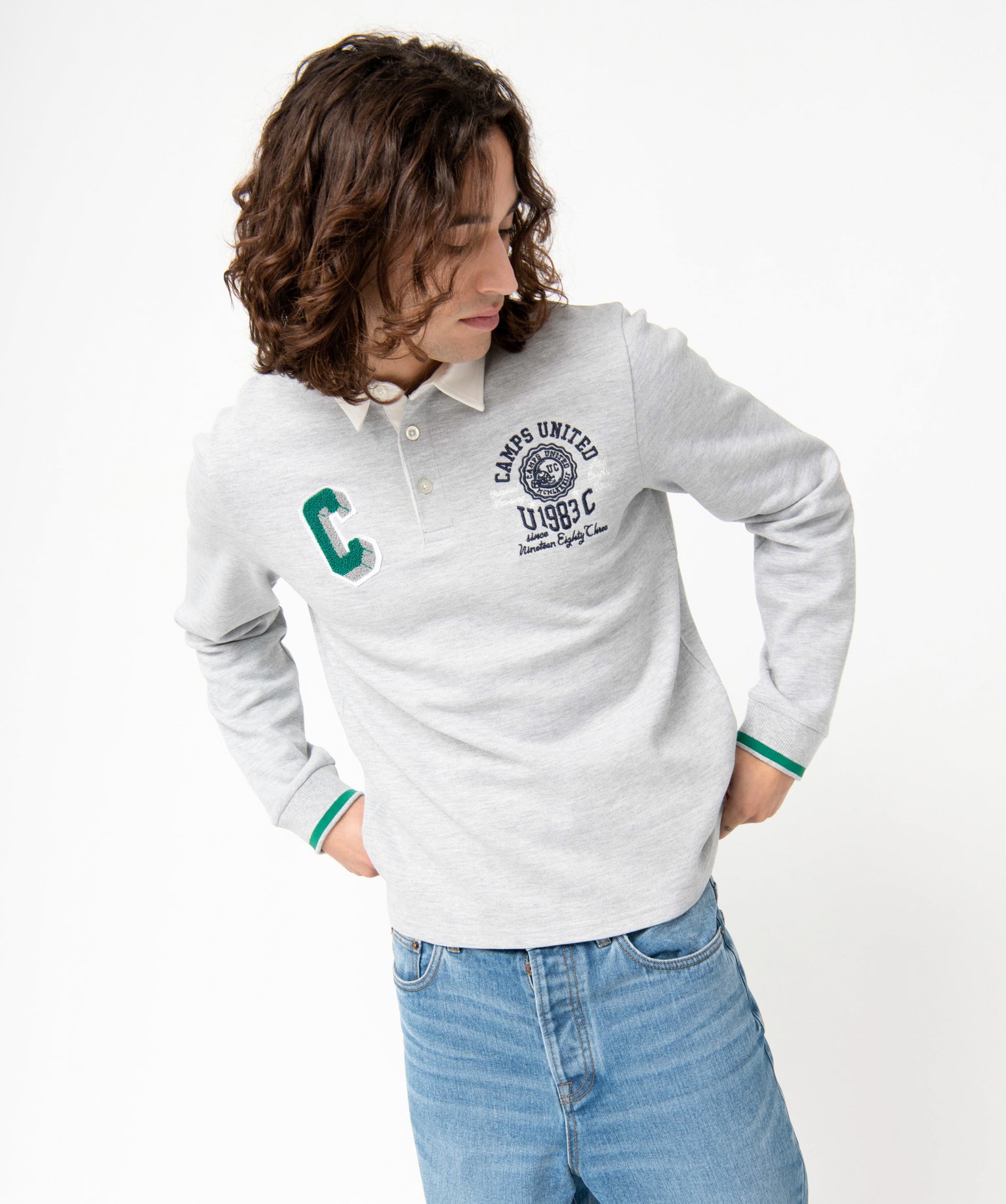 Polo homme à manches longues en maille piquée - Camps United gris | GEMO