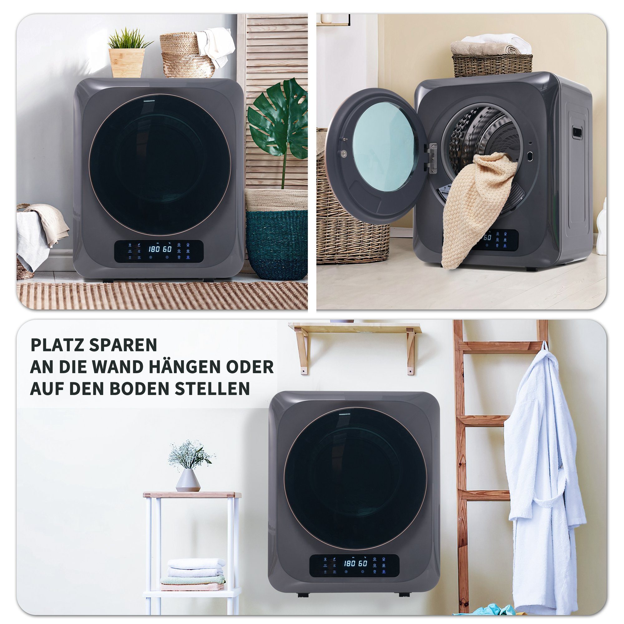 Fangqi Ablufttrockner Edelstahltrockner,Mehrfachfiltration,6 Programme,6 Funktionen,850W, 2.5 kg, 2,5 kg, tatsächlich bis zu 4 kg,Überhitzungsschutz,Wandmontage