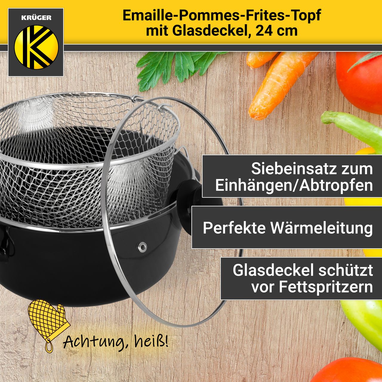 Karl Krüger Emaillierter Pommes-Topf mit Deckel, 24 cm