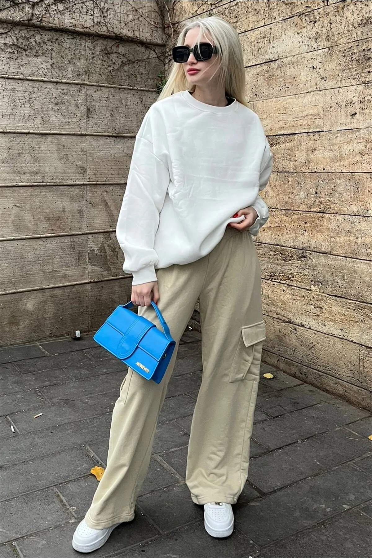 Madmext  Beigefarbene Damen-Jogginghose mit weitem Bein und Cargotasche Mg1615