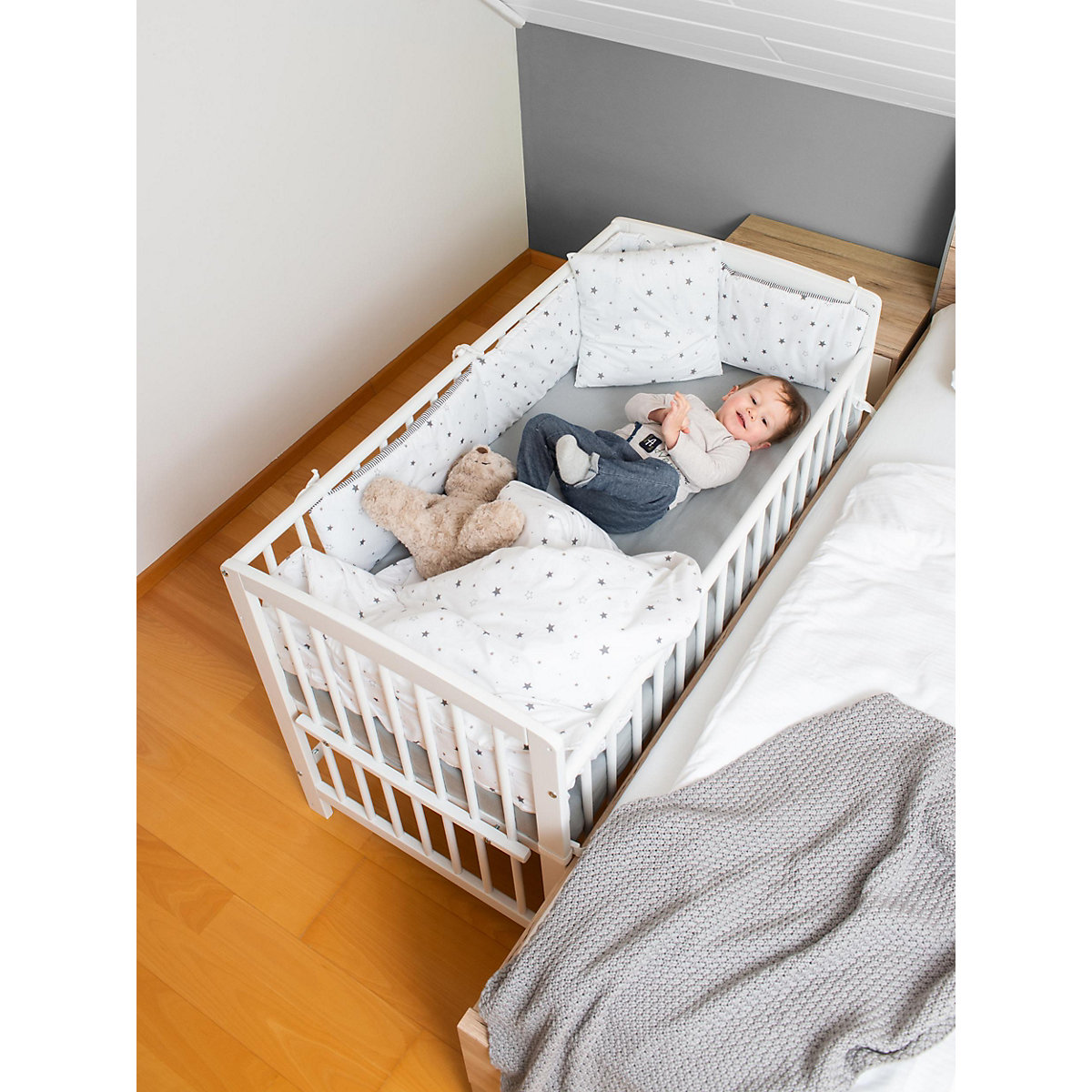 Beistell- Kinderbett Micky, Massivholz weiß lackiert, 60x120 cm