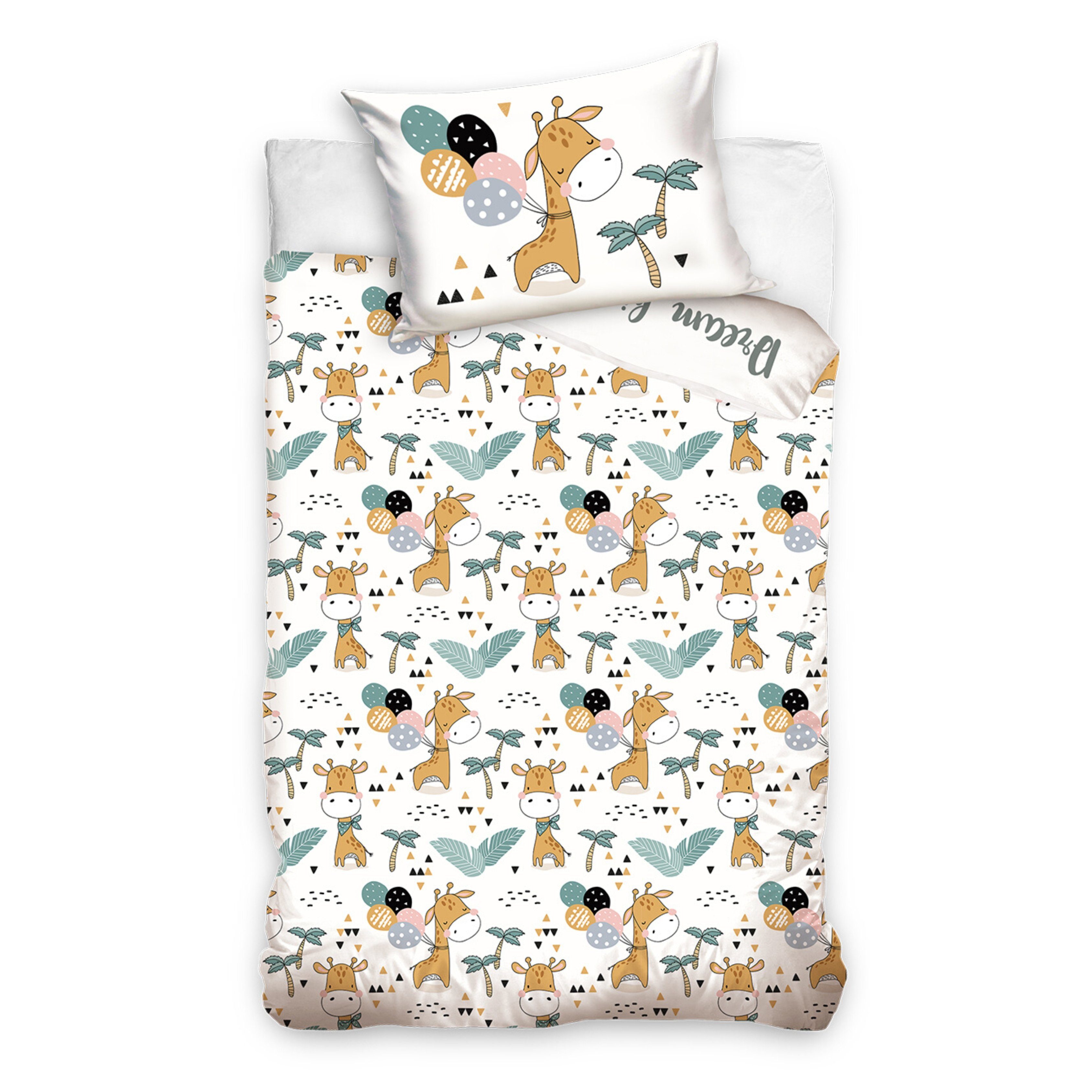 Babybettwäsche Giraffe 100x135 + 40x60 cm, 100 % Baumwolle, MTOnlinehandel, Renforcé, 2 teilig, süße Dream Big Little One Kleinkinderbettwäsche mit Reißverschluss