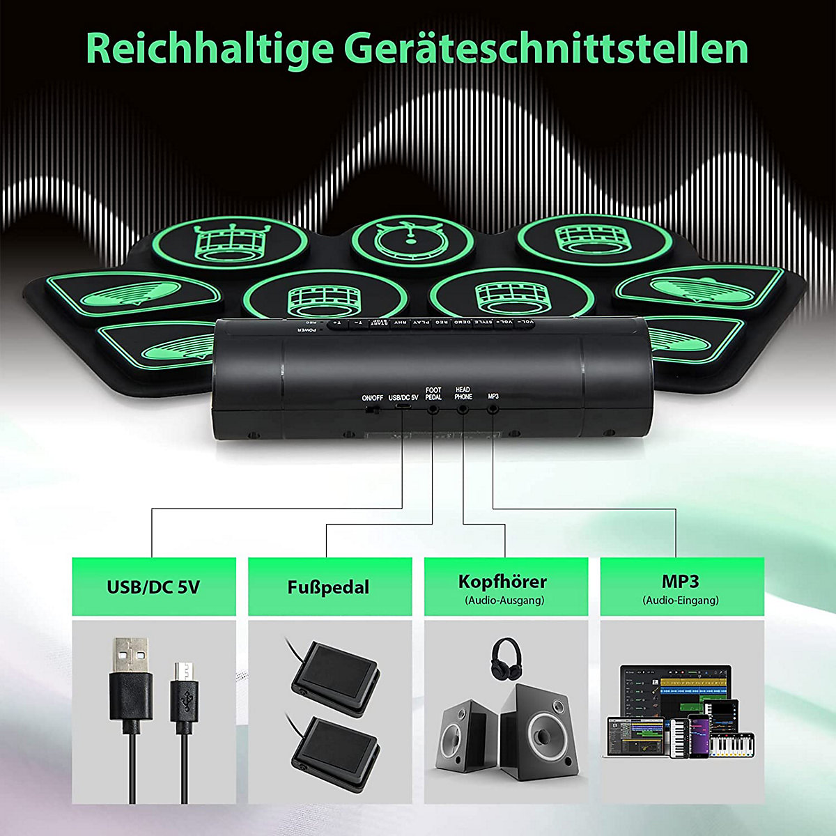 9 Pads E-Drum Roll-Up-Trommel mit 2 Pedale & 2 Drumsticks