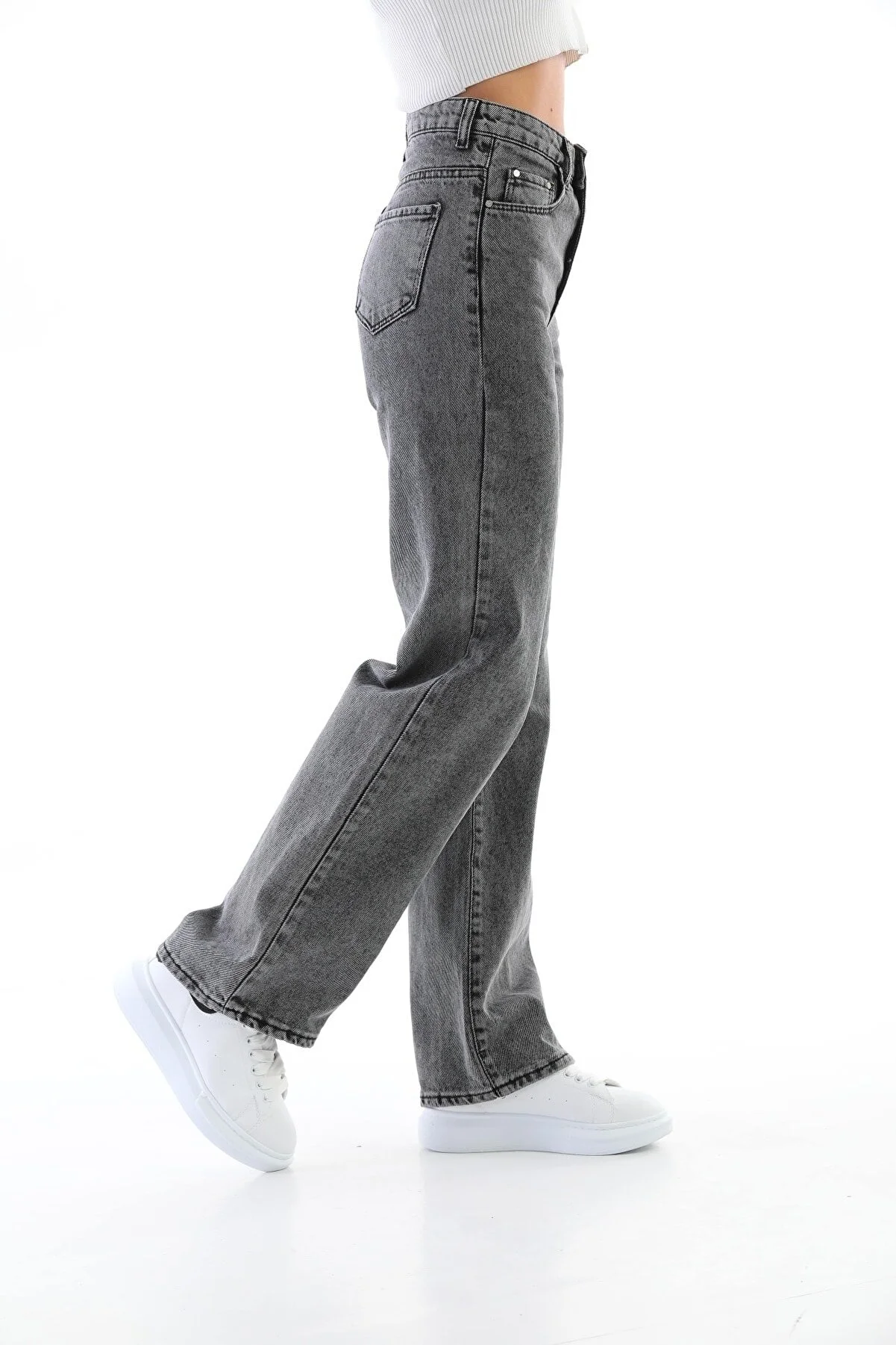 BİKELİFE  Geräucherte, schneegewaschene Palazzo-Jeans mit hoher Taille für Damen