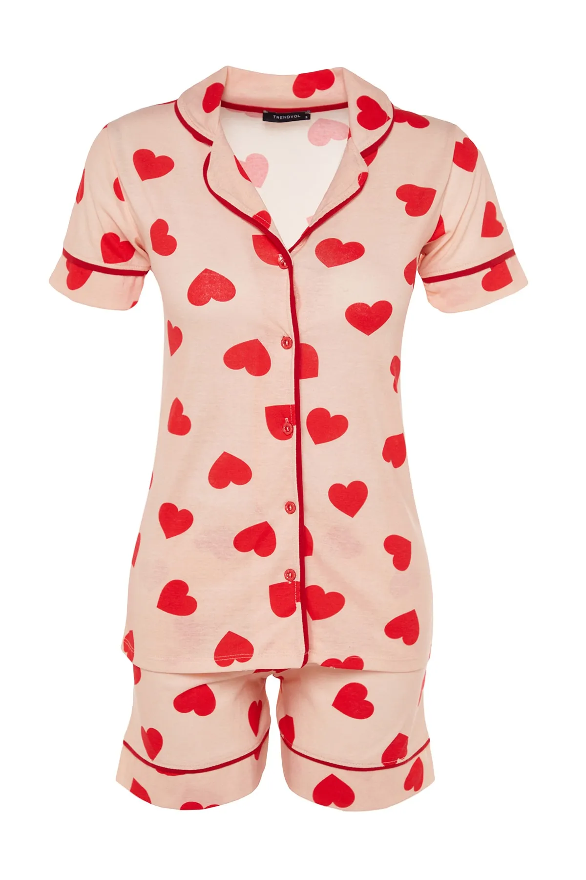 Trendyol Collection  Lachsfarbenes, gestricktes Pyjama-Set aus 100 % Baumwolle mit herzgemusterten Paspeln und Hemd-Shorts THMSS21PT1200