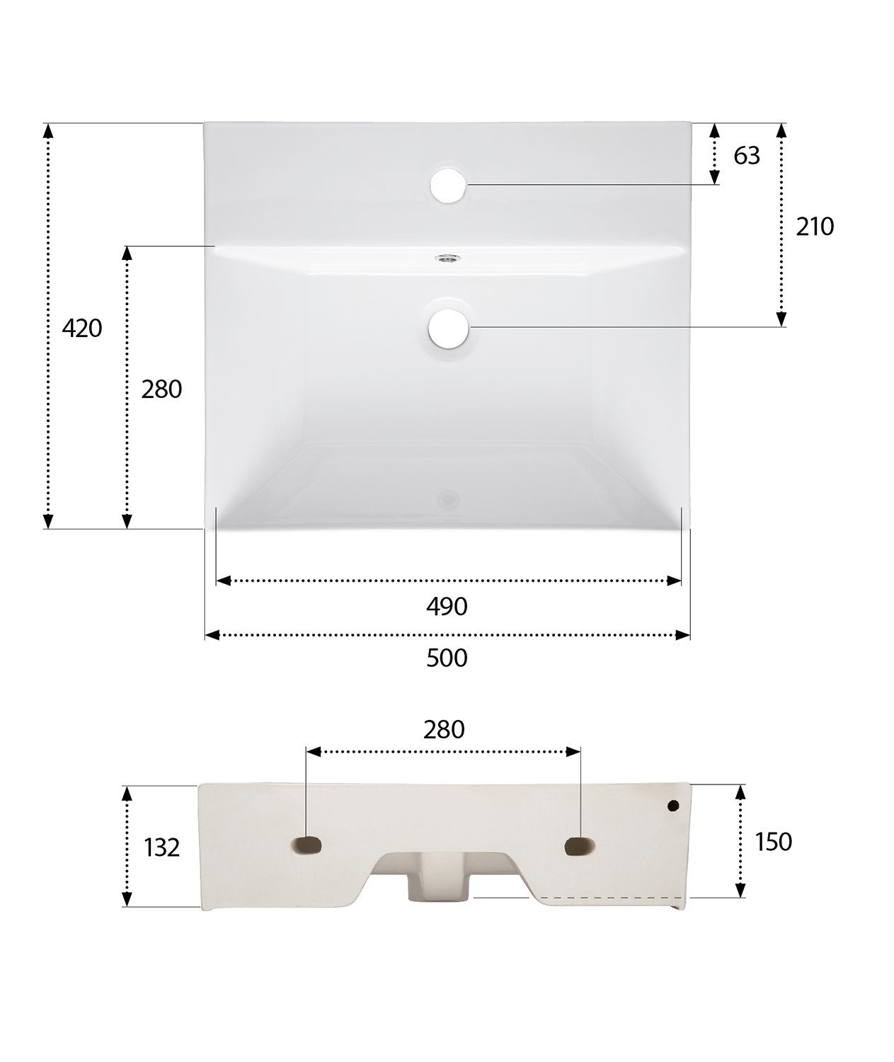 aquaSu Waschbecken Malea (Hänge-Waschtisch, 1-St), 50 cm, Keramik, Weiß, Überlauf, Hahnloch mittig, 562294