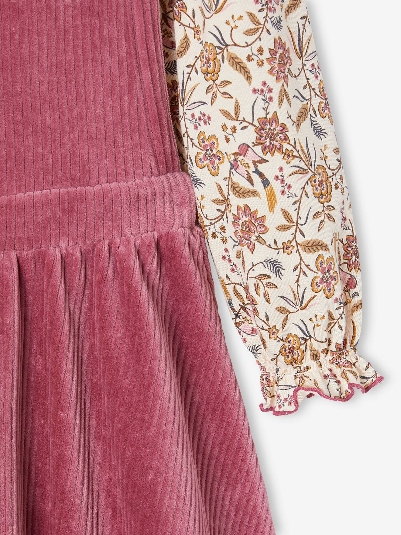 Ensemble tee-shirt + robe tablier en velours côtelé fille. mauve