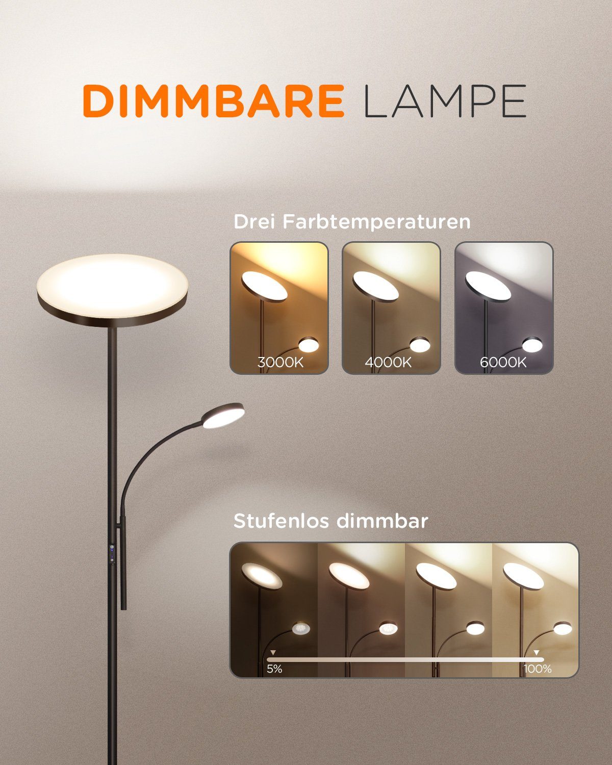 Tomons LED Stehlampe Stehleuchte Stufenlos Dimmbar, verstellbare Leselampe, LED fest integriert