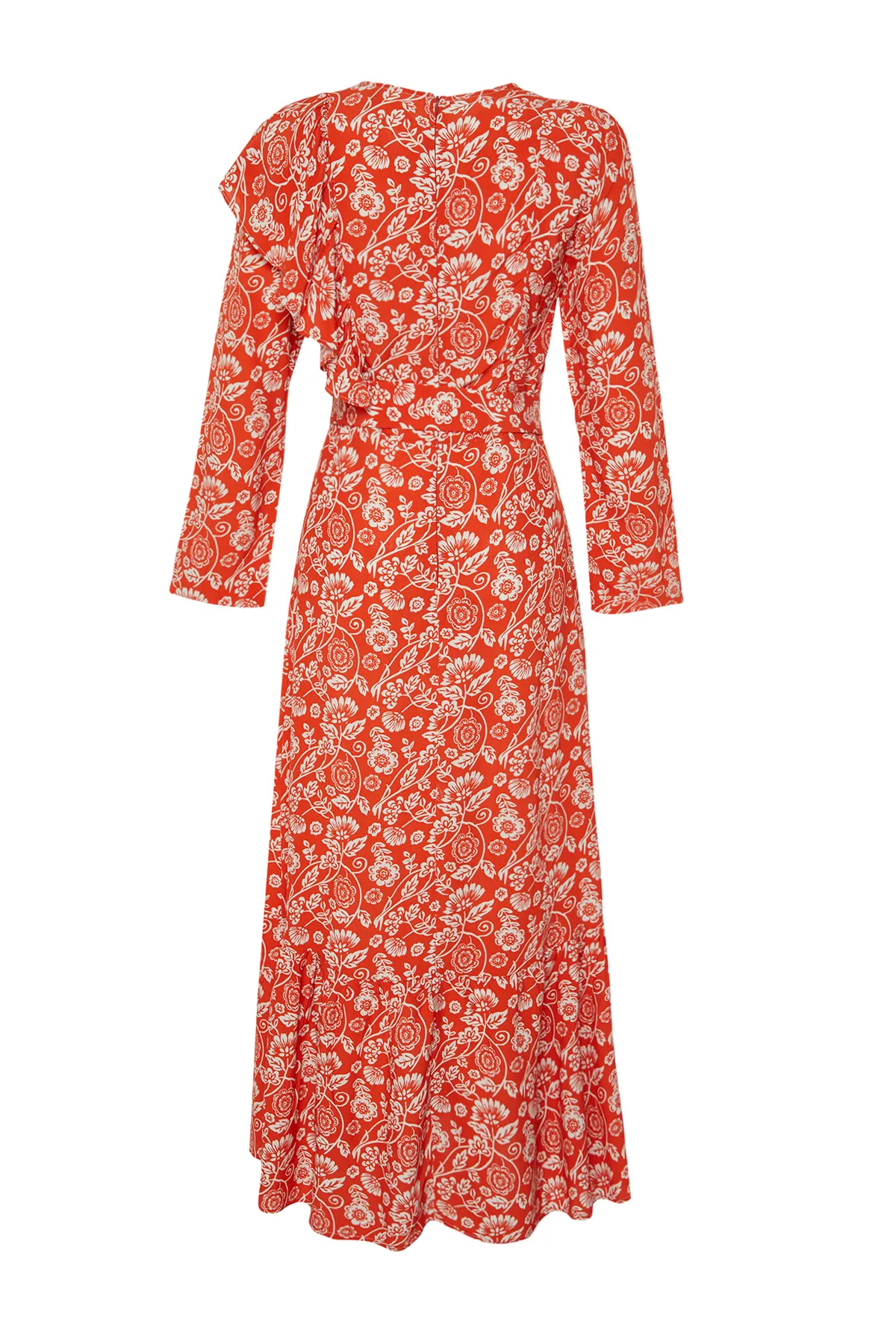 Trendyol Modest  Rotes, mit Blumen gefüttertes, Rüschen-detailliertes, gewebtes Kleid mit Gürtel TCTSS24EB00069