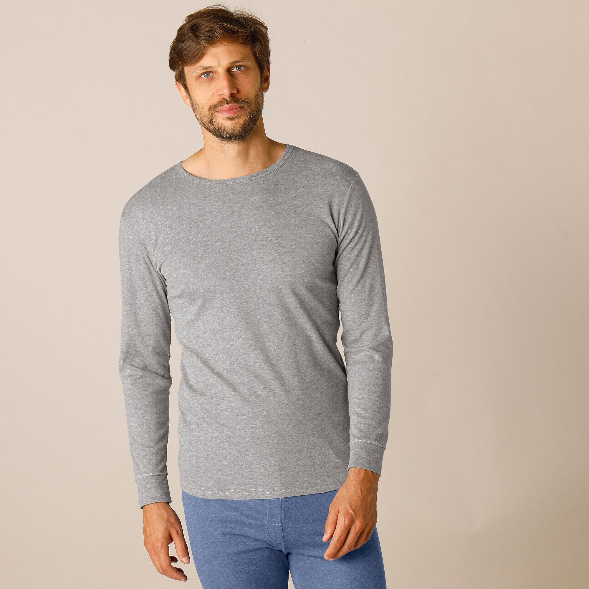 Tee-shirt sous-vêtement homme col rond manches longues dos long polyester