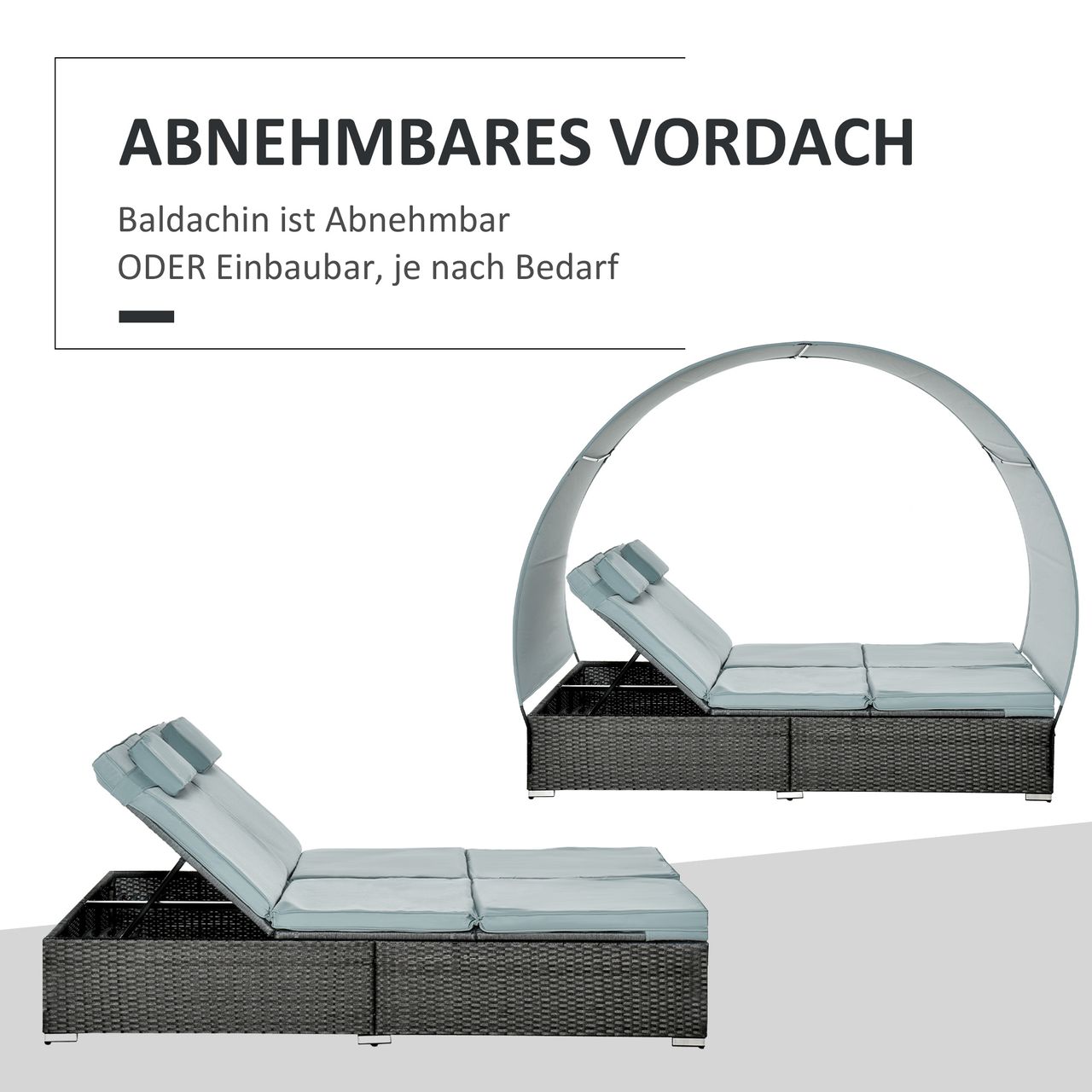 Outsunny Poly Rattan Doppelliege Sonnenliege für 2 Personen mit Sonnendach Gartenliege Stahl Polyester Grau 196 x 137 x 36,5 cm