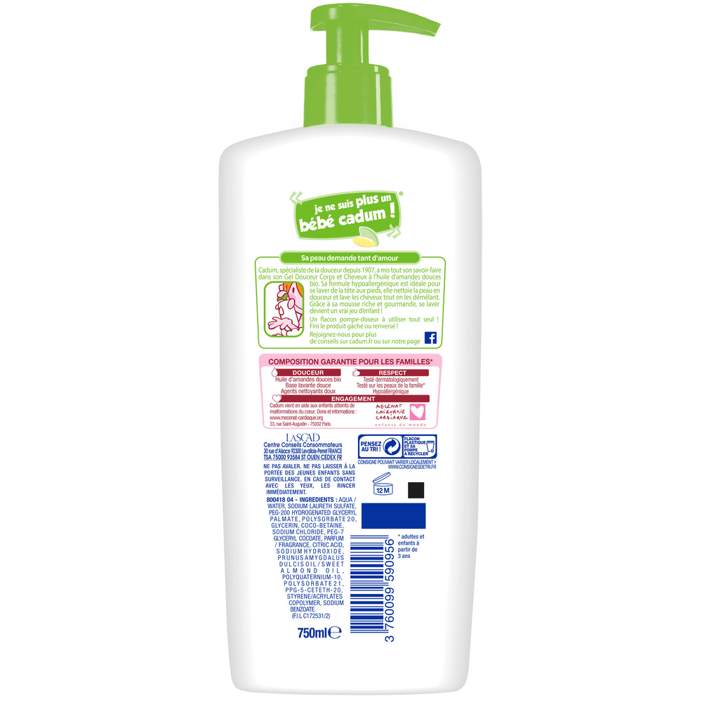 cadum Petit Cadum Gel Lavant Corps et Cheveux Démélage Facile à l'Amande Douce Bio