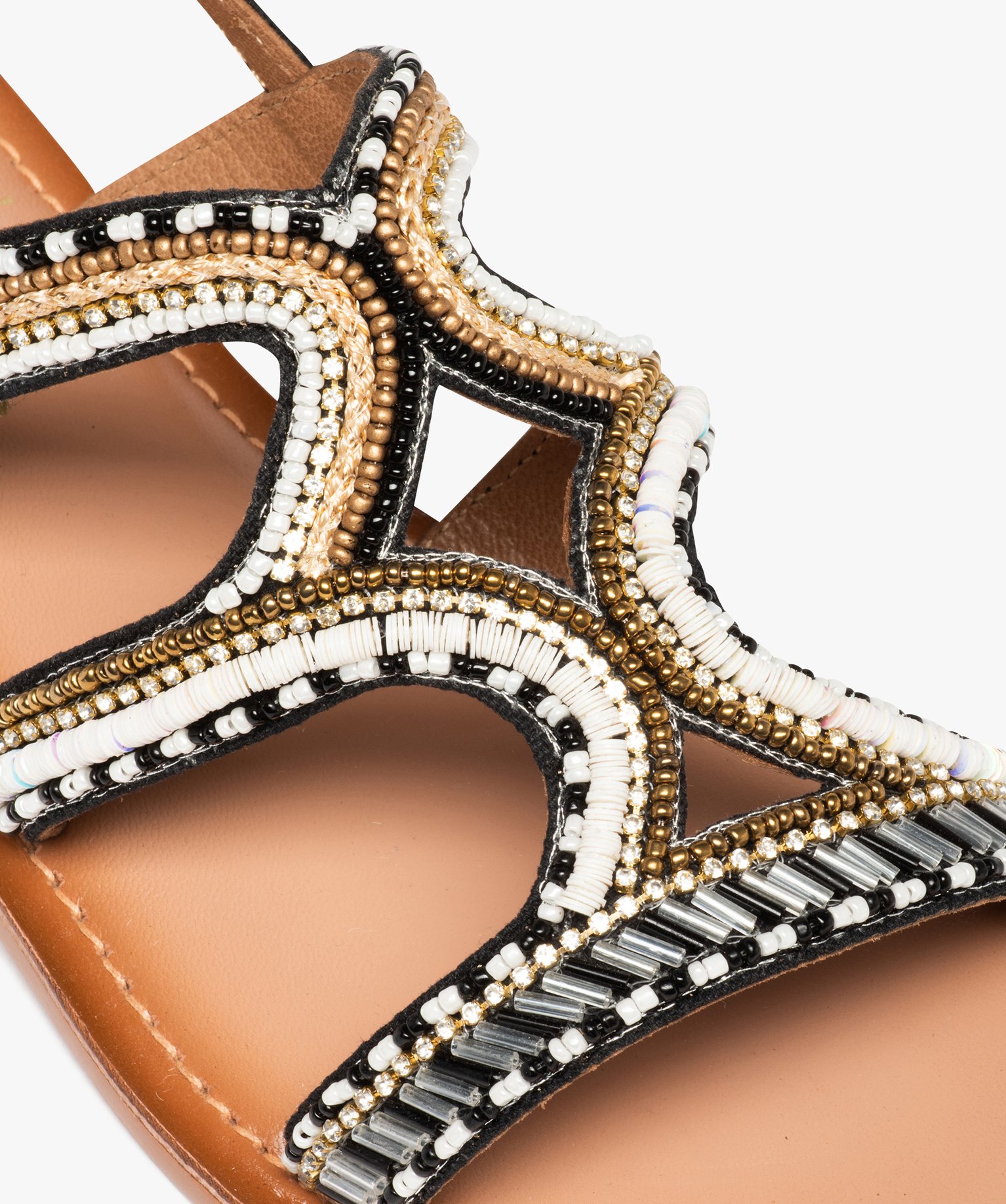 Sandales femme à talon plat ornées de perles et de strass noir | GEMO