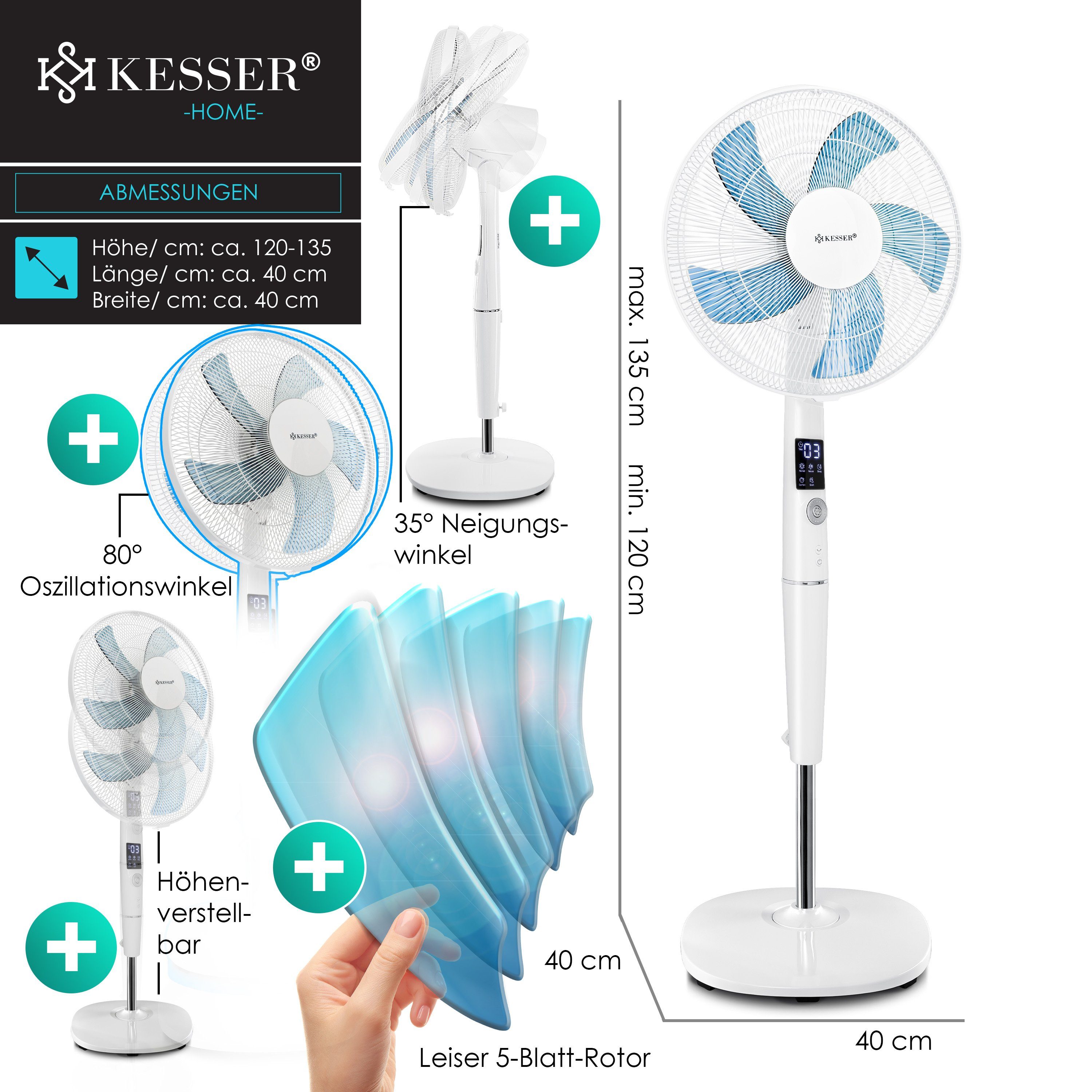 KESSER Standventilator, Standventilator mit Fernbedienung und Display Led Timer
