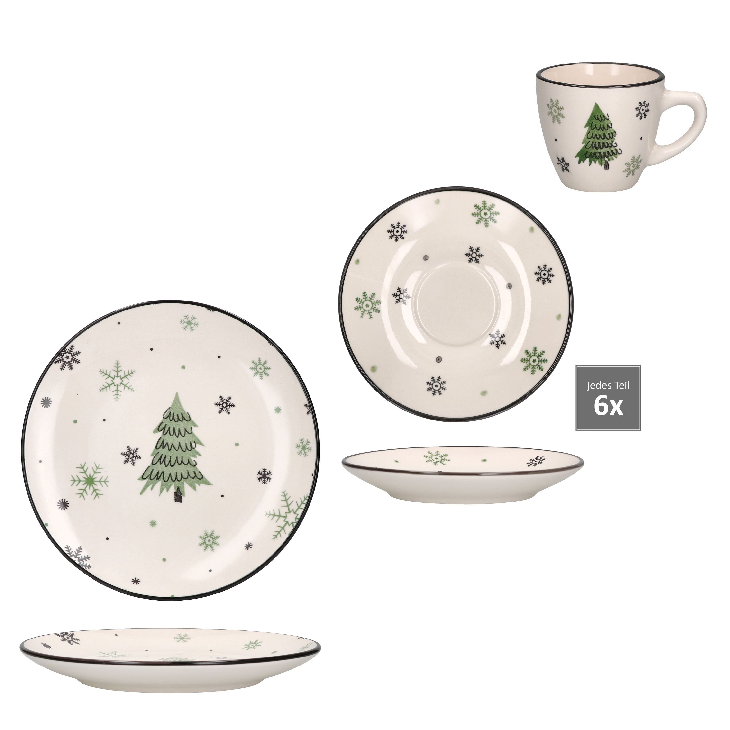 MamboCat Kaffeeservice 18tlg Kaffeeservice Weihnachtsbaum Steingut 6 Personen, Steingut