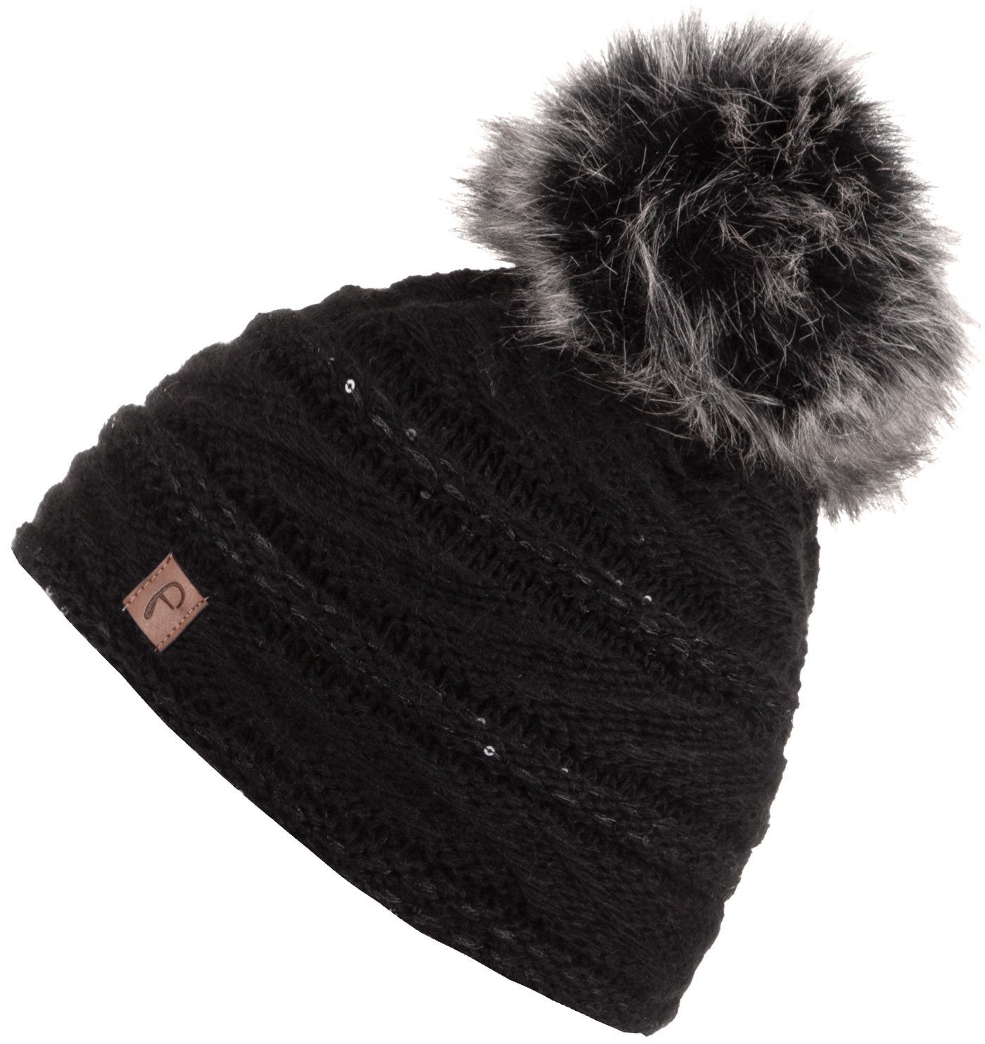 Faera Bommelmütze Wintermütze Damen Pailletten Winter Mütze Haube gefüttert Strickmütze