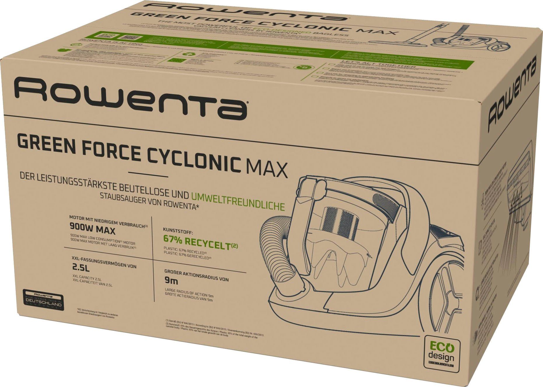 Rowenta Bodenstaubsauger RO7B12, 750 W, beutellos, ECO-Design, nur 73 dB(A), 99,98% Filtration, kompakt