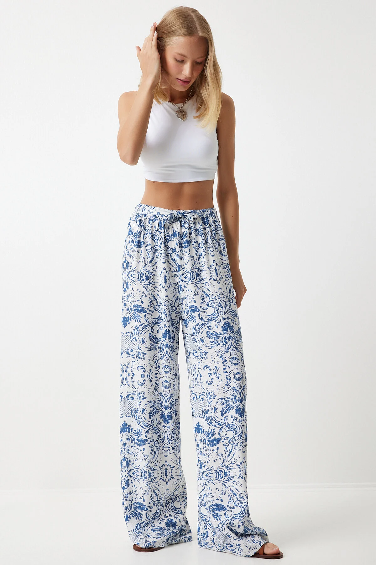 Happiness İstanbul  Damen-Sommerhose aus Viskose, blau, weiß, hohe Taille, locker, BH00354