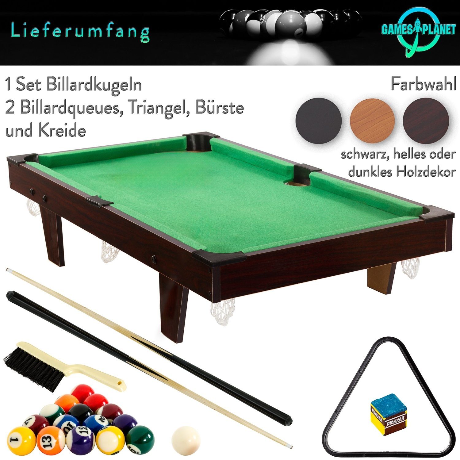 GAMES PLANET Billardtisch Mini Pool Billardtisch Micro inkl. Zubehör, (2 Queues, Kugeln, Dreieck, Kreide, Bürste), 3 Dekore, Maße:92x52x19cm