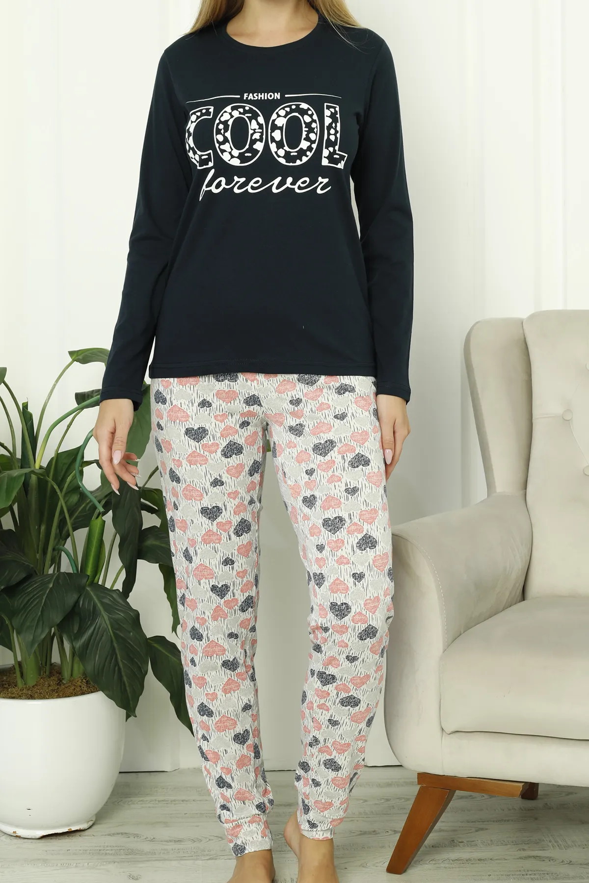 Nicoletta  Damen-Pyjama-Set mit langen Ärmeln, Baumwolle, Marineblau