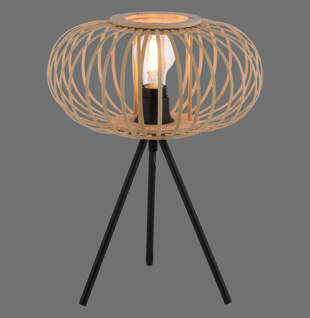 JUST LIGHT LeuchtenDirekt Tischleuchte RACOON, 1-flammig, E27, Dreibein-Stativ, Bambus-Schirm, Ø32cm, Holz-natur, IP20