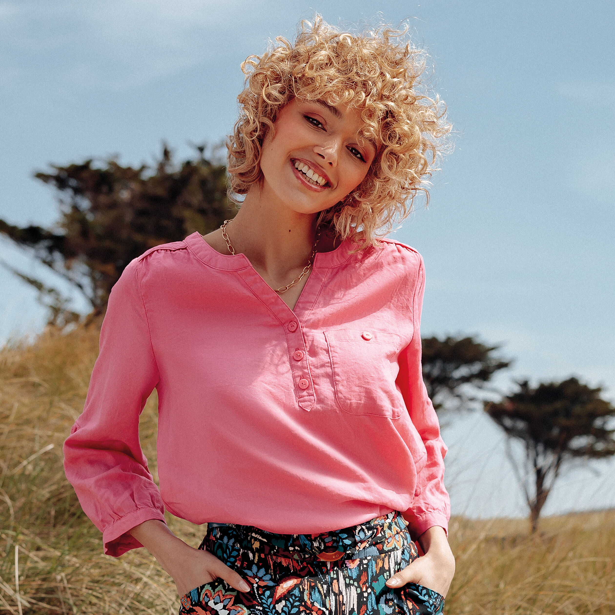Blouse manches 3/4 rose fluo femme | Cache Cache