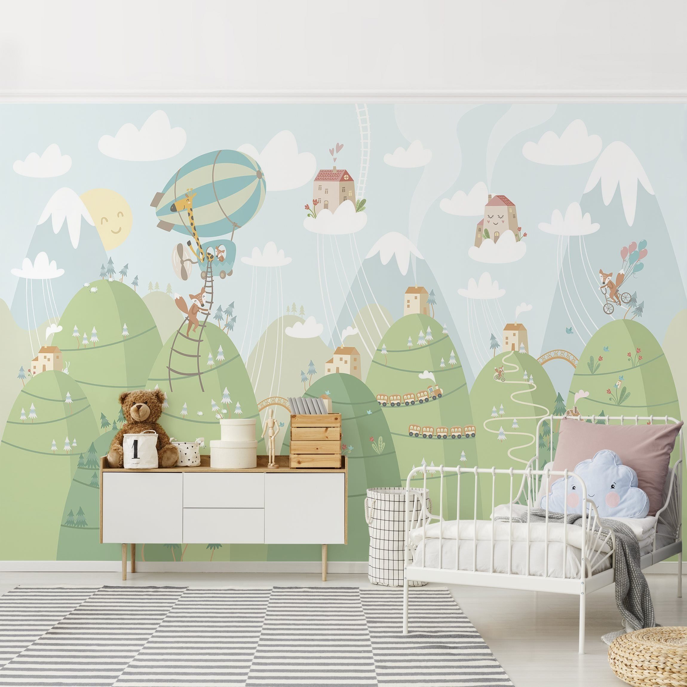 Bilderdepot24 Kindertapete Kinderzimmer Wald Häuser Tiere Kinder Wanddeko Berge Pastell, Glatt, Matt, (Inklusive Gratis-Kleister oder selbstklebend), Mädchenzimmer Jungenzimmer Babyzimmer Bildtapete Fototapete Wandtapete