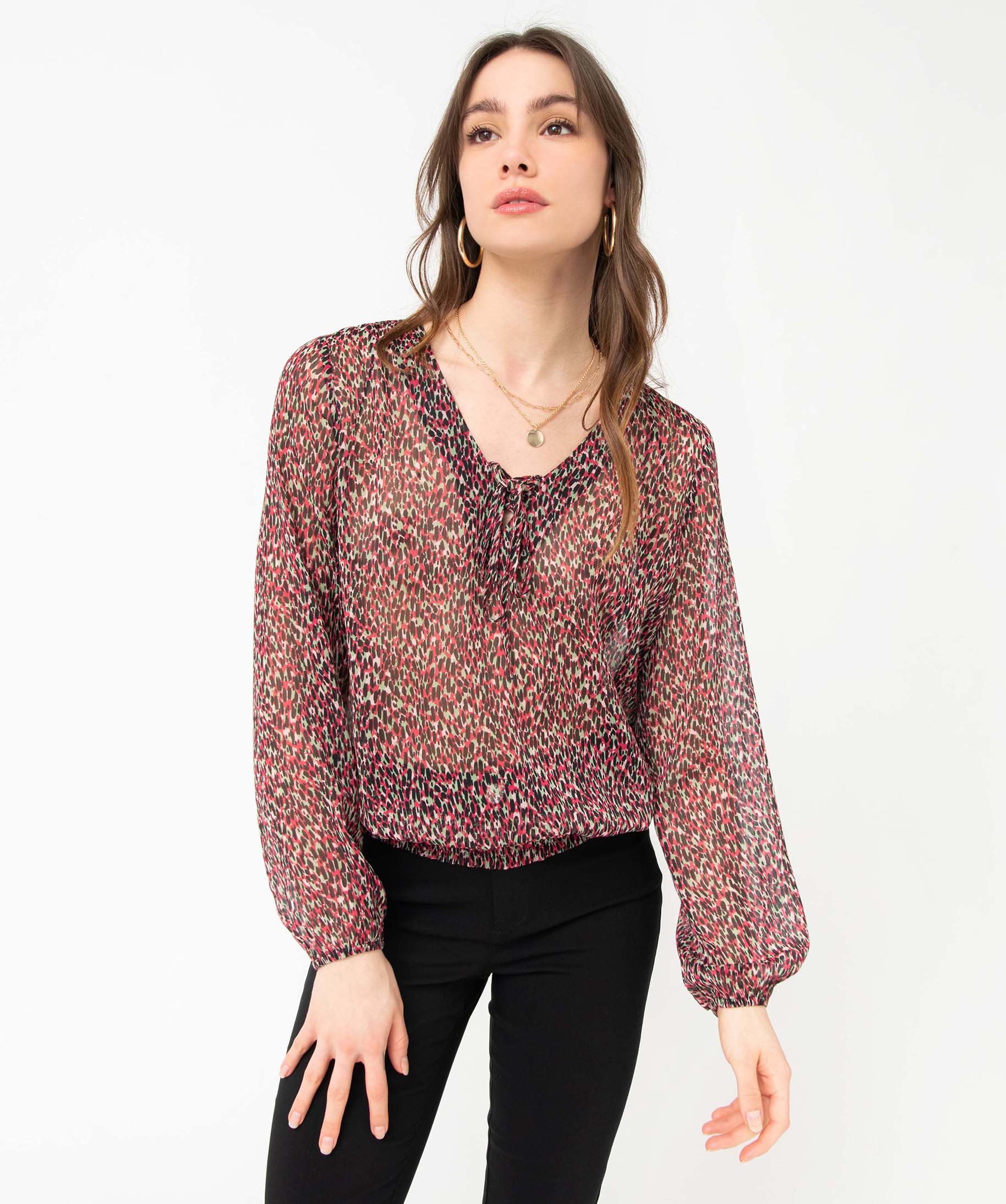 Blouse femme en voile imprimé avec finitions élastiques imprime | GEMO