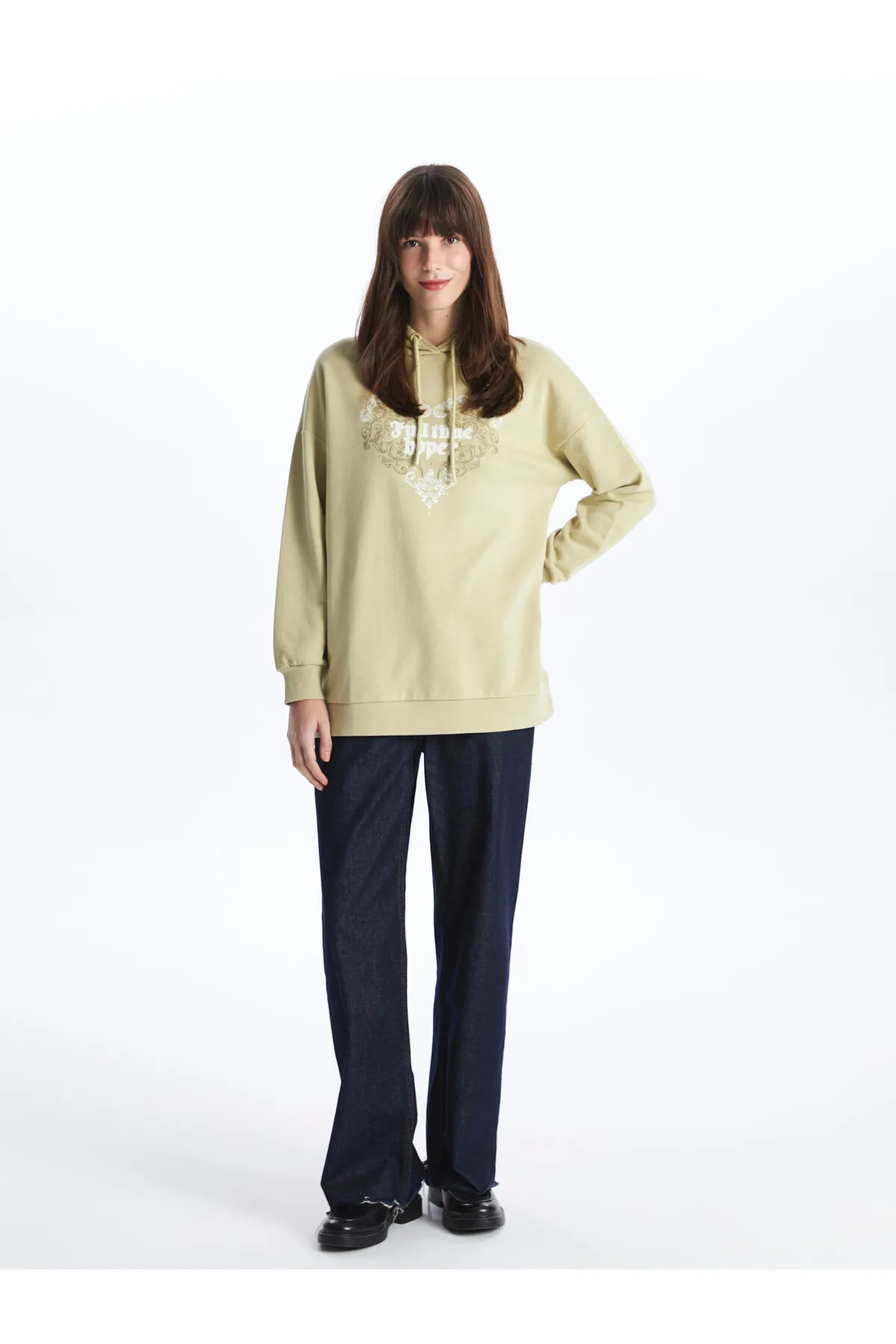 LC Waikiki  Bedruckte Langarm-Sweatshirt-Tunika für Damen mit Kapuze