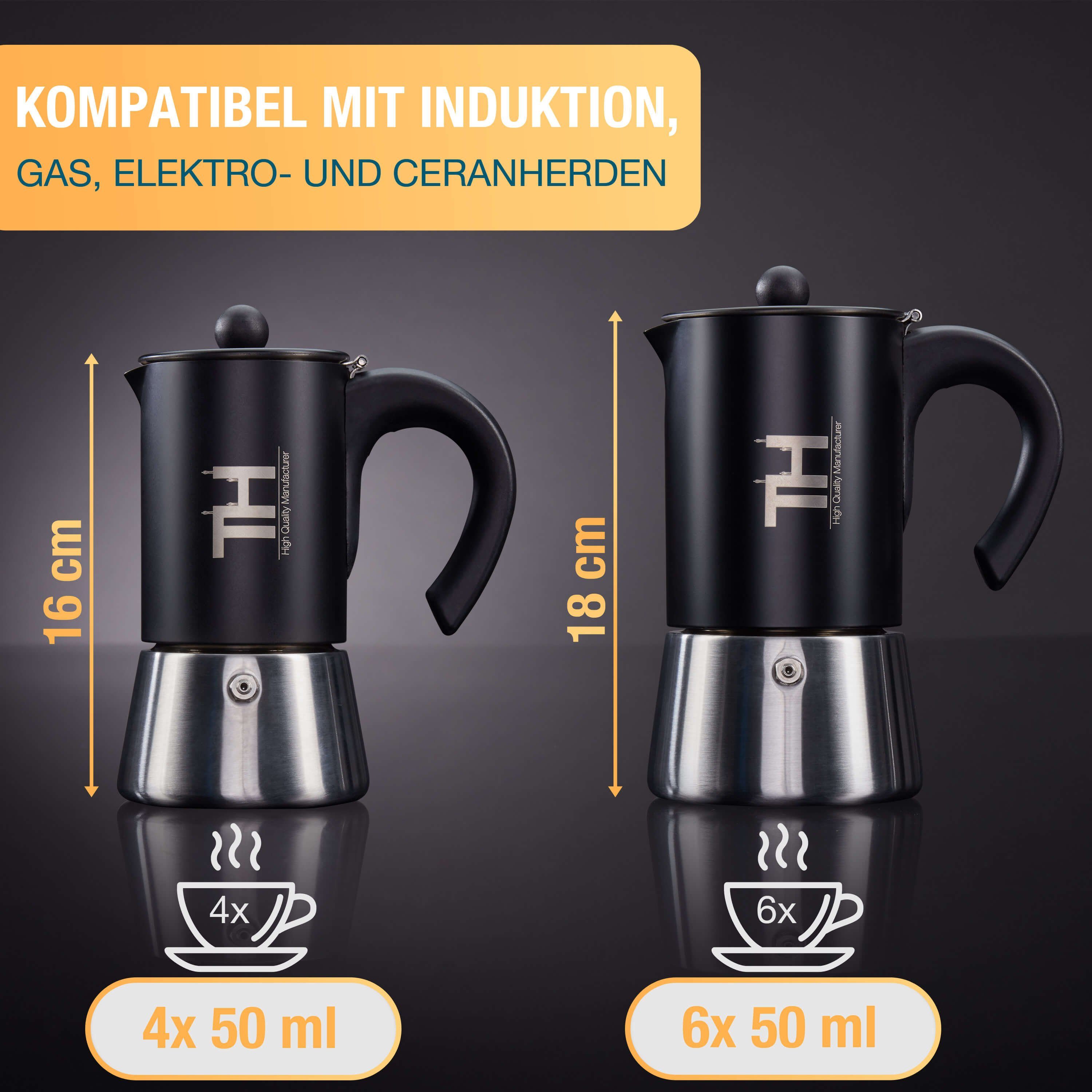 Thiru Espressokocher Espressokocher Induktion , Espressokanne Edelstahl, Edelstahl Filter, Premium Mokkakanne aus Edelstahl inkl. Toolset