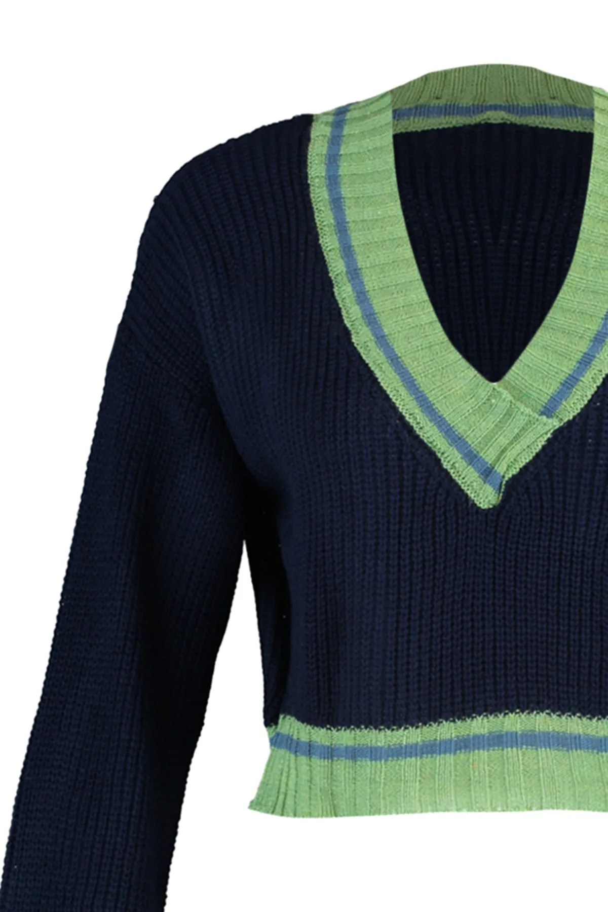 Trendyol Collection  Marineblauer kurzer Strickpullover mit V-Ausschnitt TWOAW22KZ1492